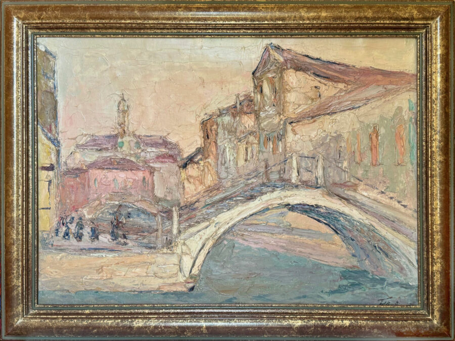 A textured impressionist painting of a Venetian canal scene featuring a stone bridge and buildings under a hazy sky.
