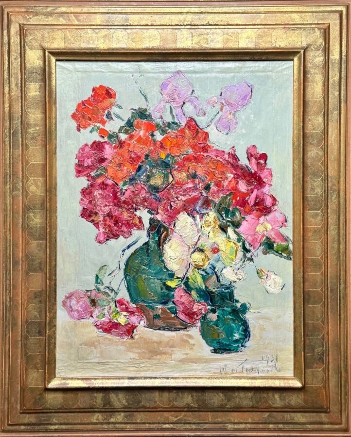A vibrant floral still life with a dynamic, textured style.