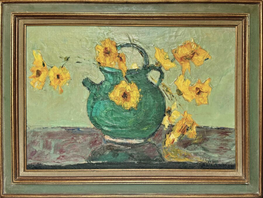 A vibrant still life of a green teapot overflowing with yellow flowers.