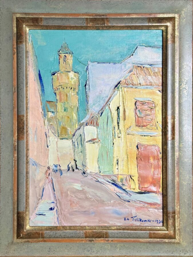 A vibrant street scene painting featuring a tower and colorful buildings under a bright sky.