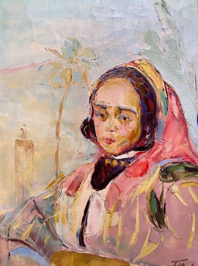 "A vibrant oil painting of a figure in traditional headwear against a soft, impressionistic background."