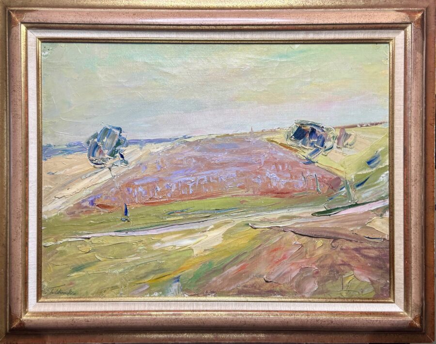 A landscape painting of a coastal scene with two sailboats on the water.