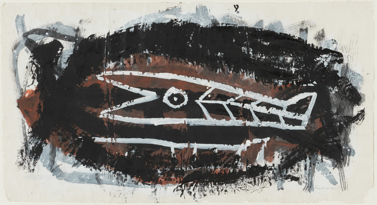 A bold abstract composition featuring a central geometric eye-like form surrounded by heavy, textured brushstrokes.