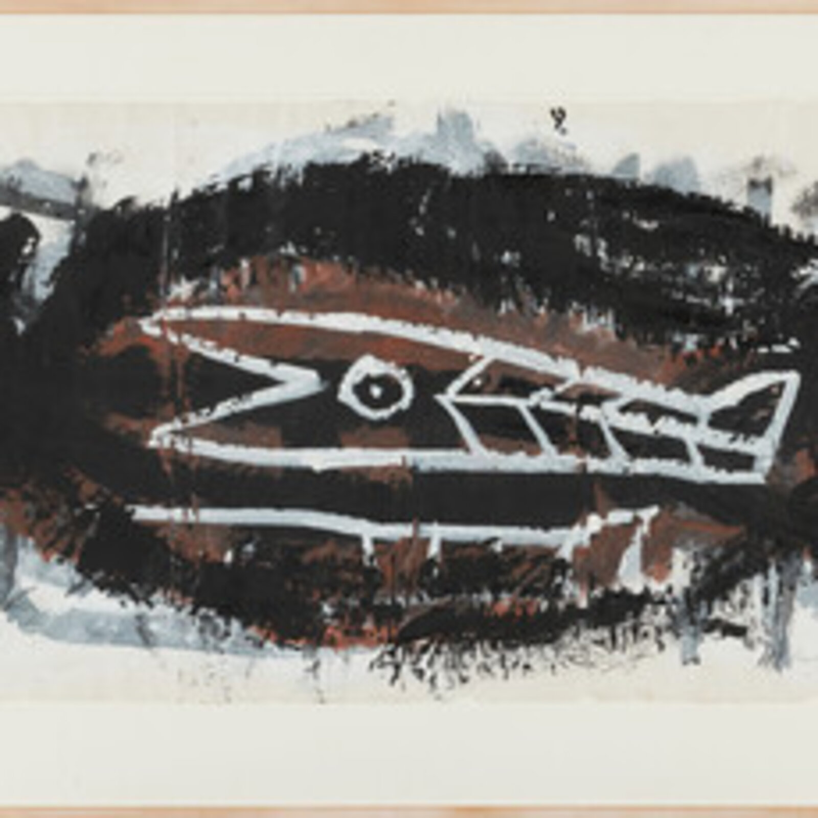 A bold abstract composition featuring a central geometric eye-like form surrounded by heavy, textured brushstrokes.