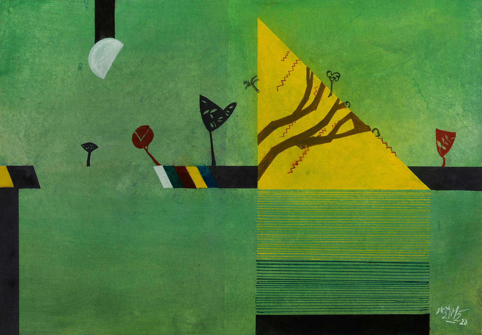 A painting of a tree in the middle of a green field.