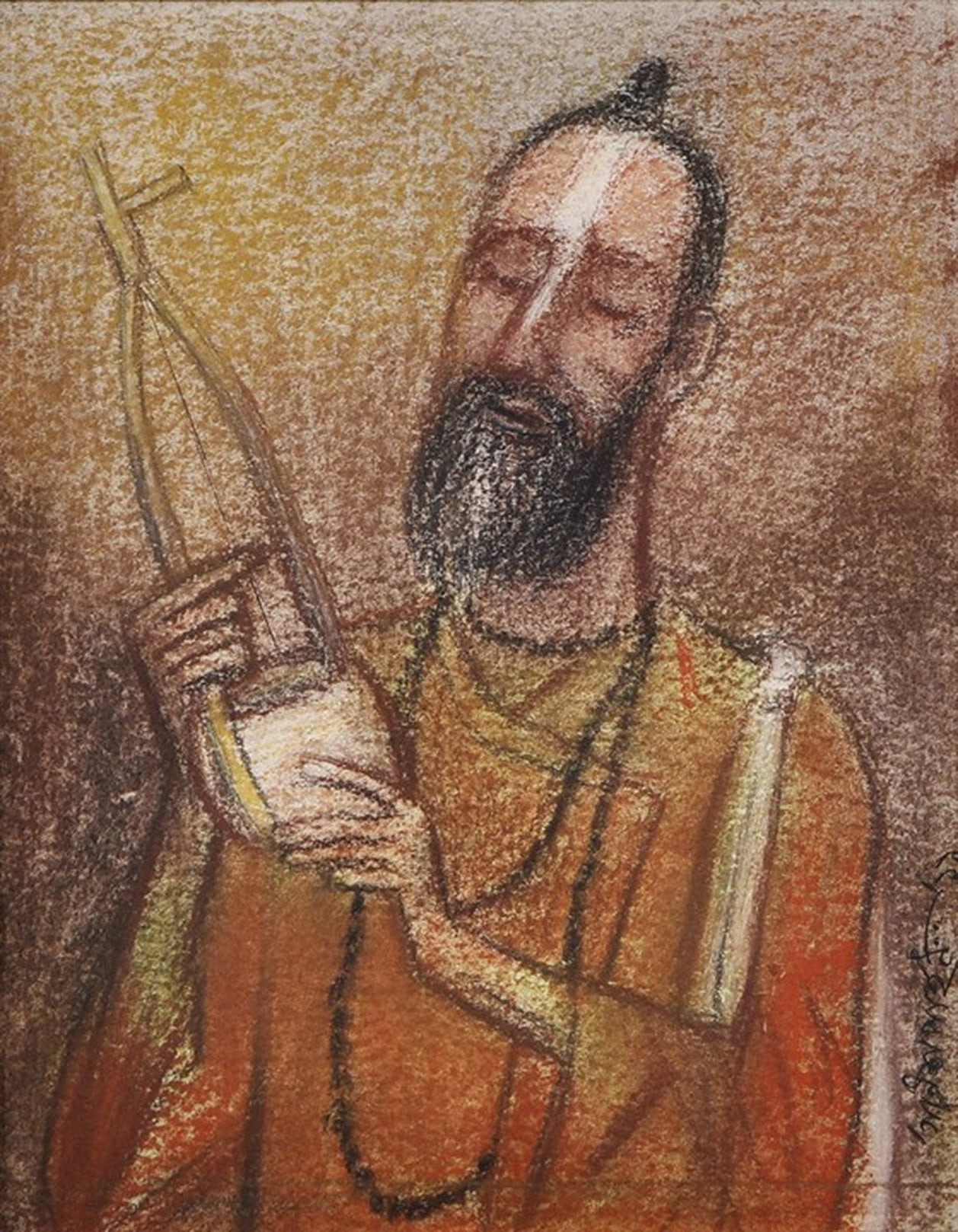 A painting of a man with a beard holding a bow and arrow.