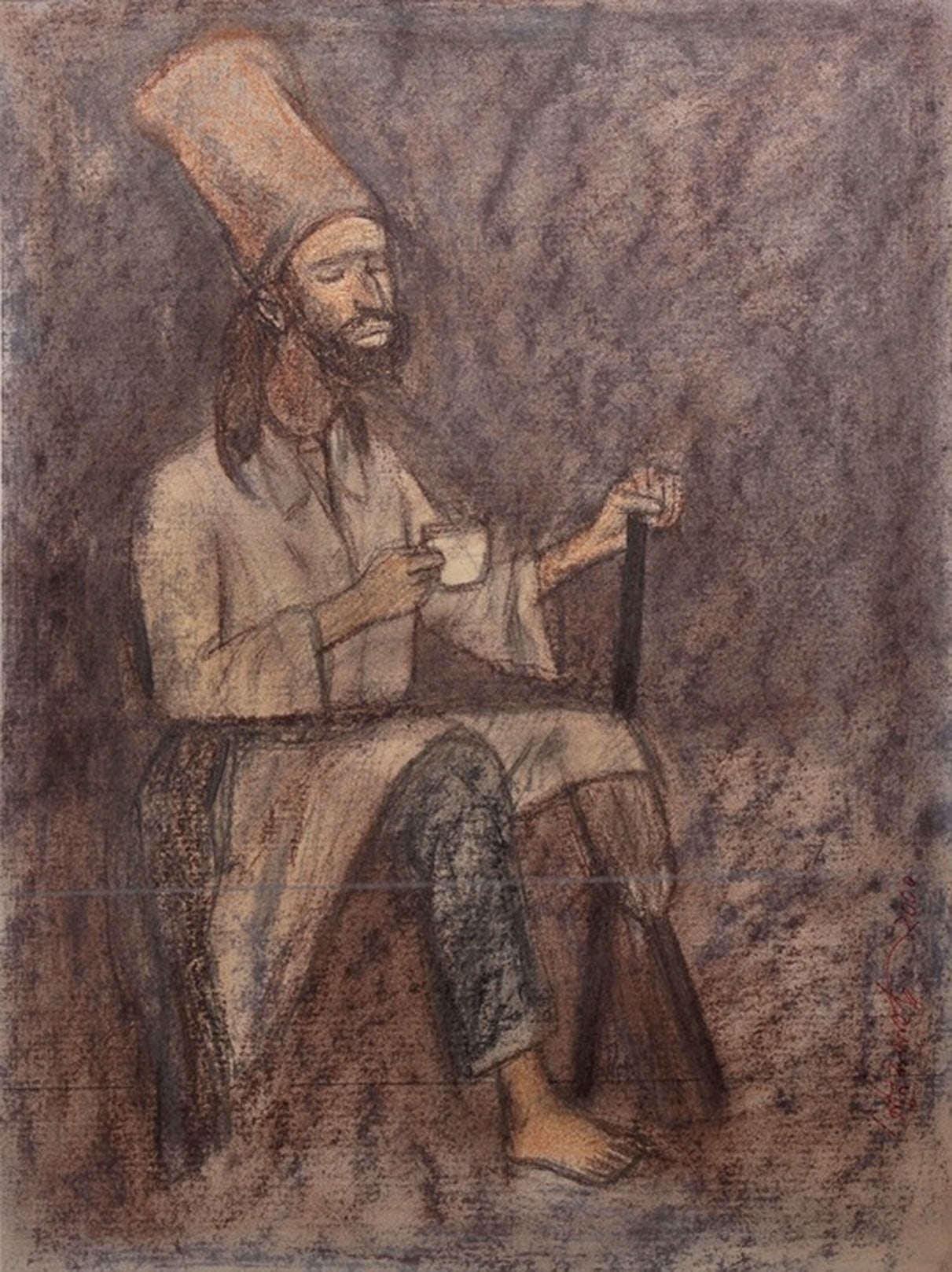 A drawing of a man sitting in a chair with a cane.
