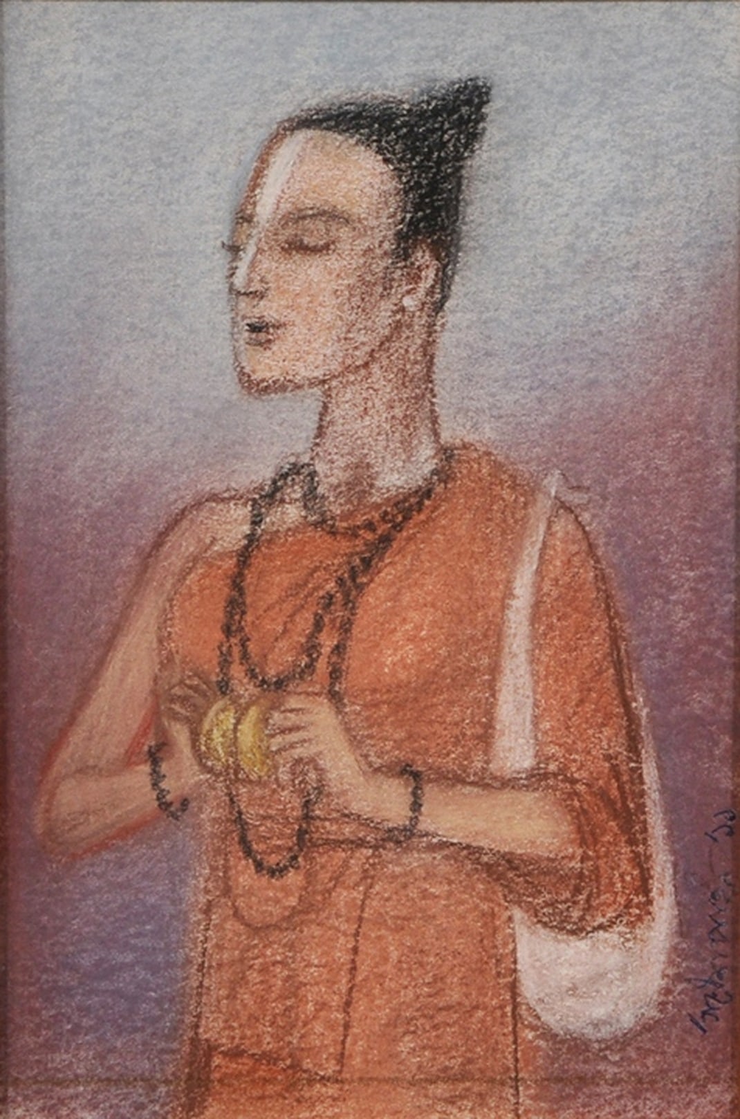 A drawing of a woman in an orange dress holding a yellow ball.
