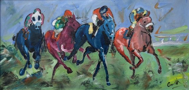 Artwork by Garth Bayley, The Final Furlong, Made of Oil, pen, ink, watercolour and pastels 