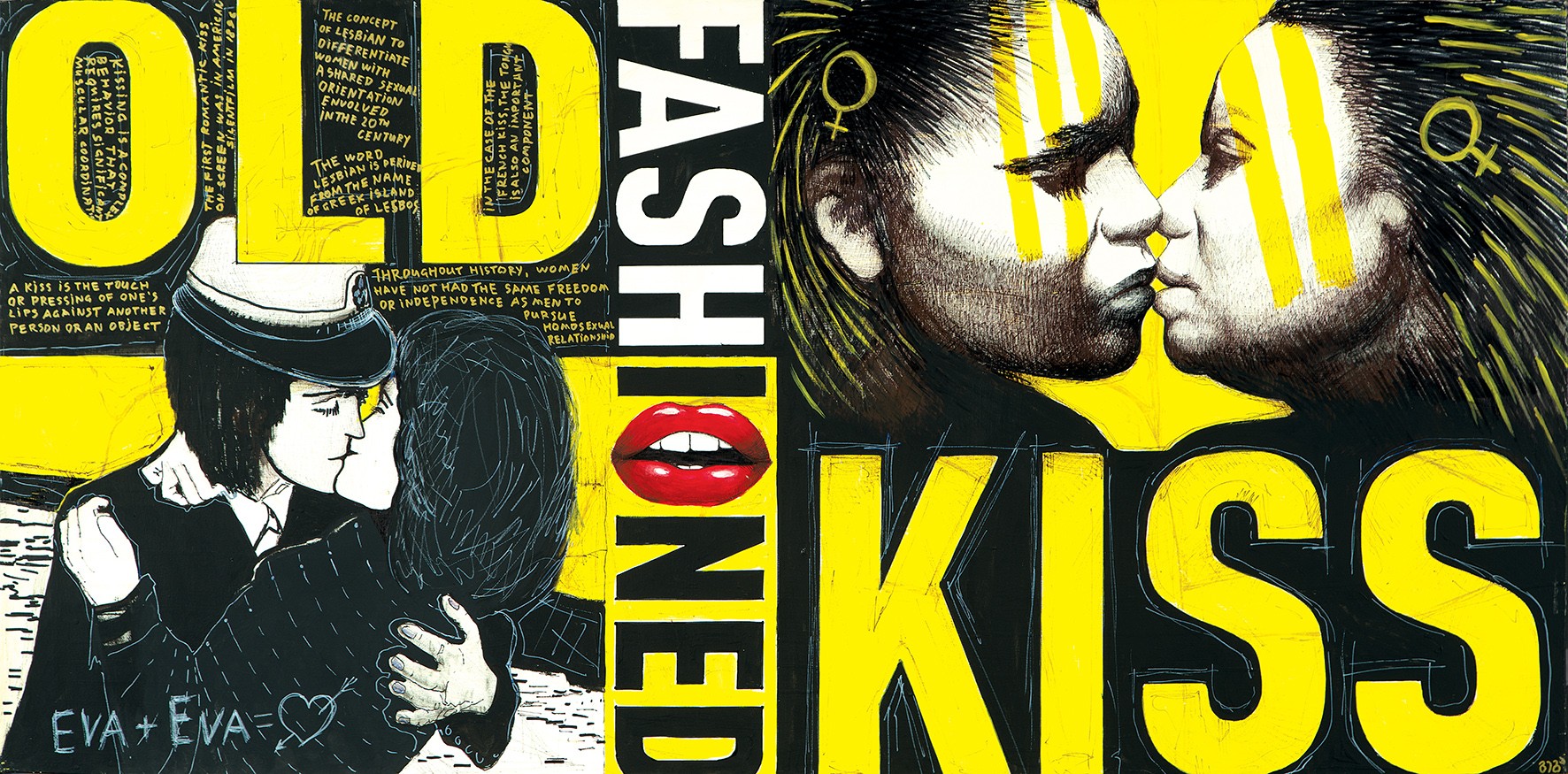 A bold graphic poster featuring a stylized kiss with large yellow typography and contrasting black-and-white illustrations.
