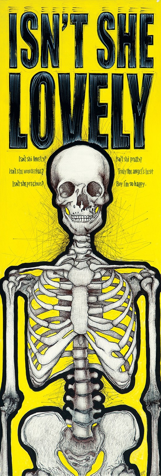 A humorous graphic illustration of a smiling skeleton against a bright yellow background with bold text.