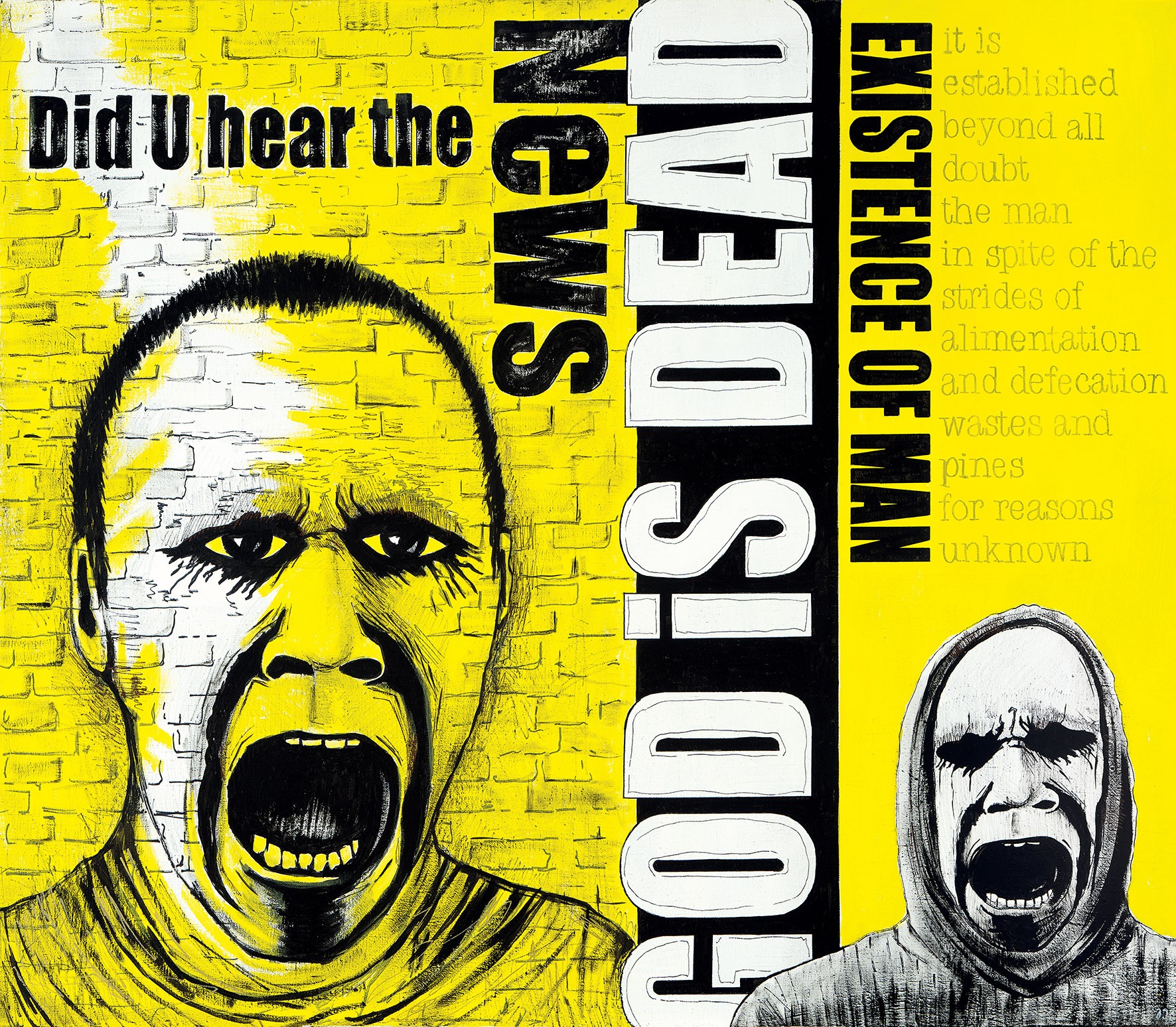 A yellow and black poster with a man screaming in front of a brick wall.