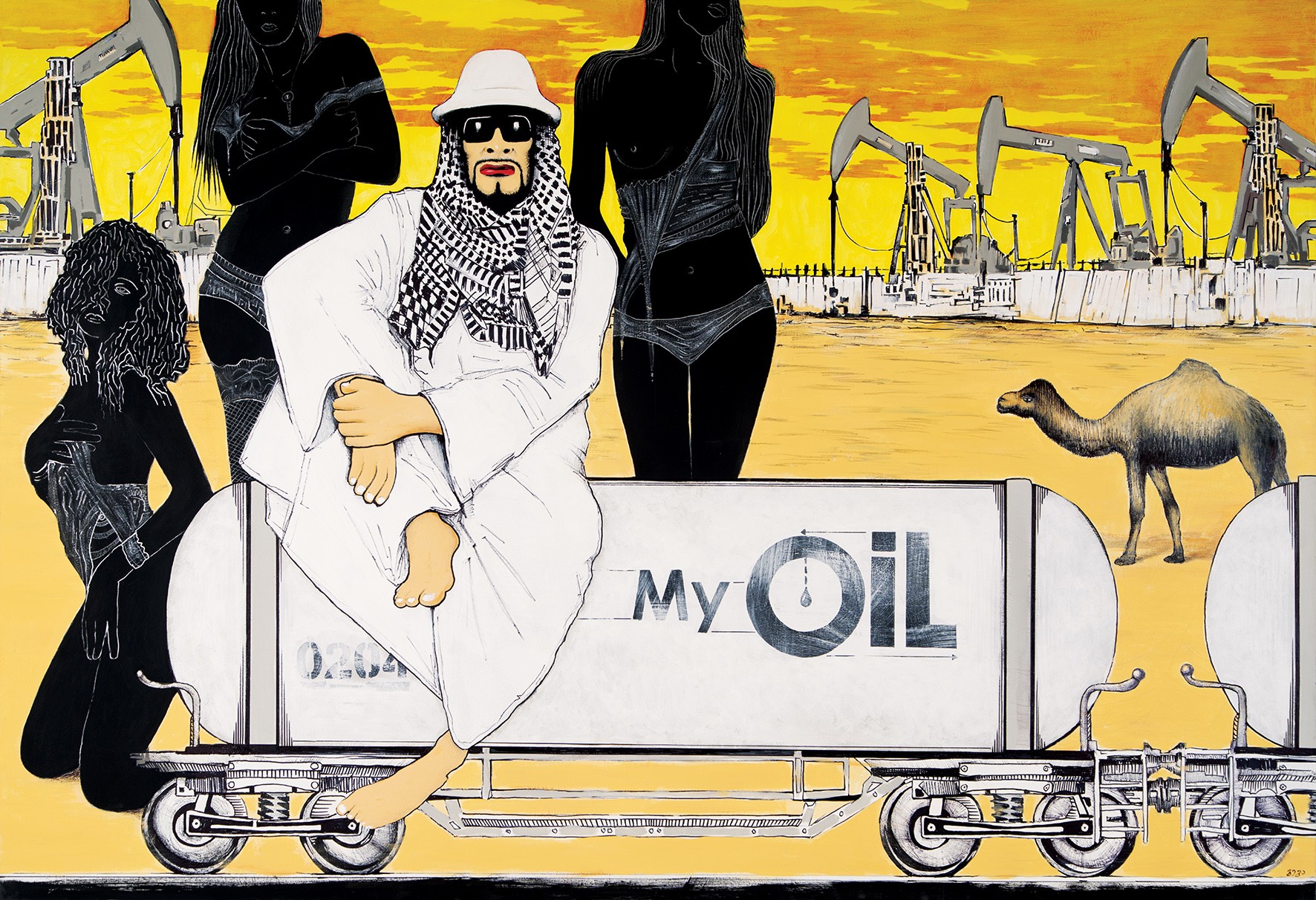 A man sitting on top of a tank of oil in front of a group of people.