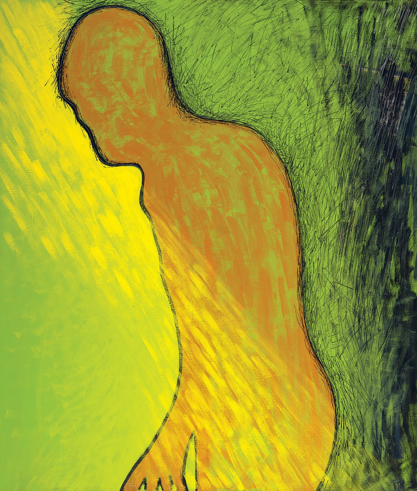 A bold, abstract figure rendered in warm orange tones against a vibrant green and yellow background.