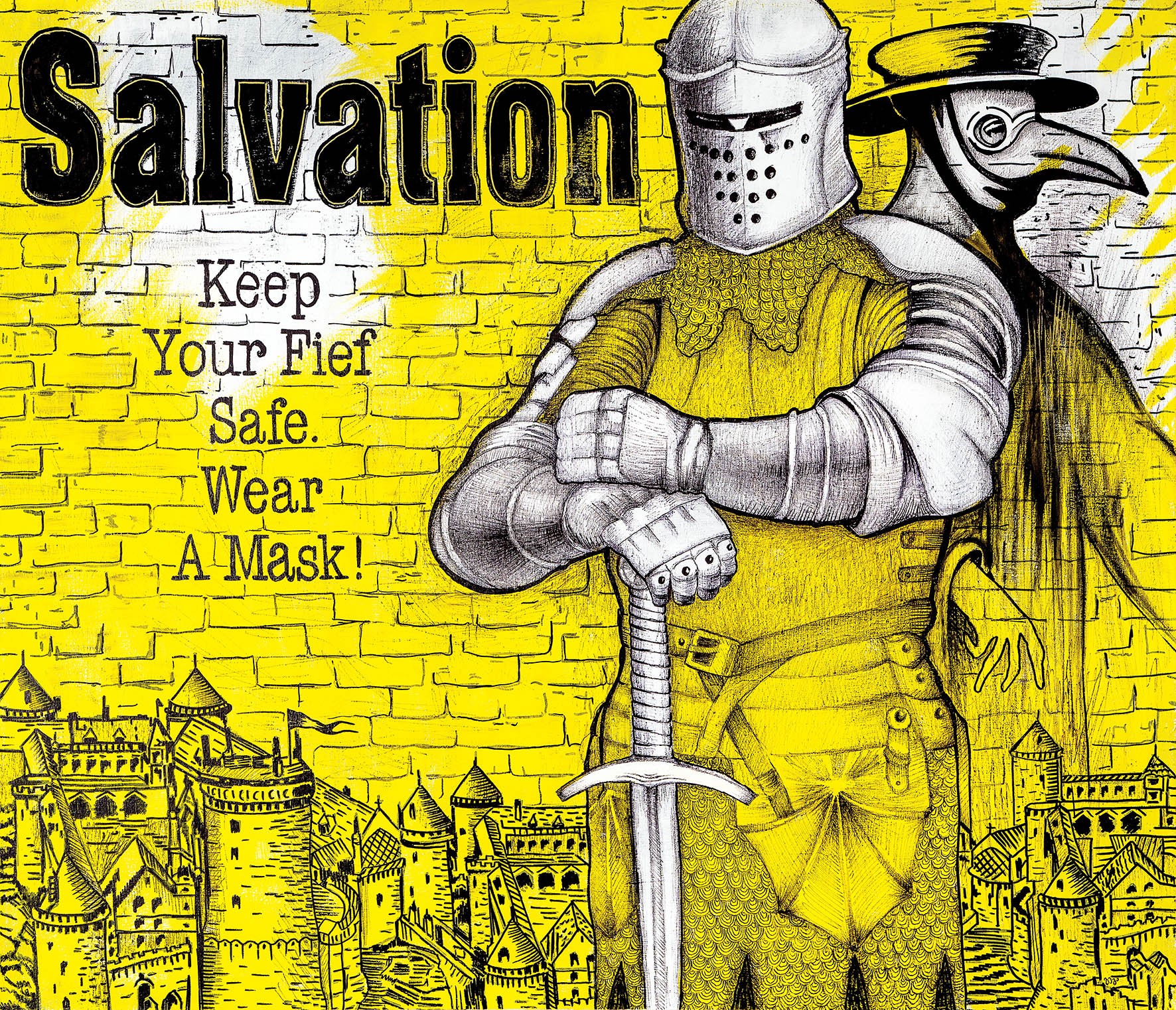 A medieval knight and plague doctor stand guard over a castle against a yellow brick wall.