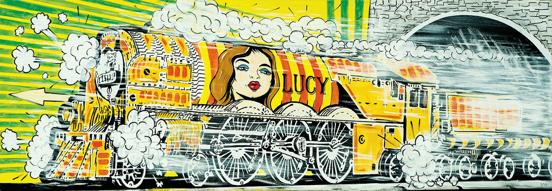 A vibrant pop-art train featuring a stylized face and bold geometric patterns.