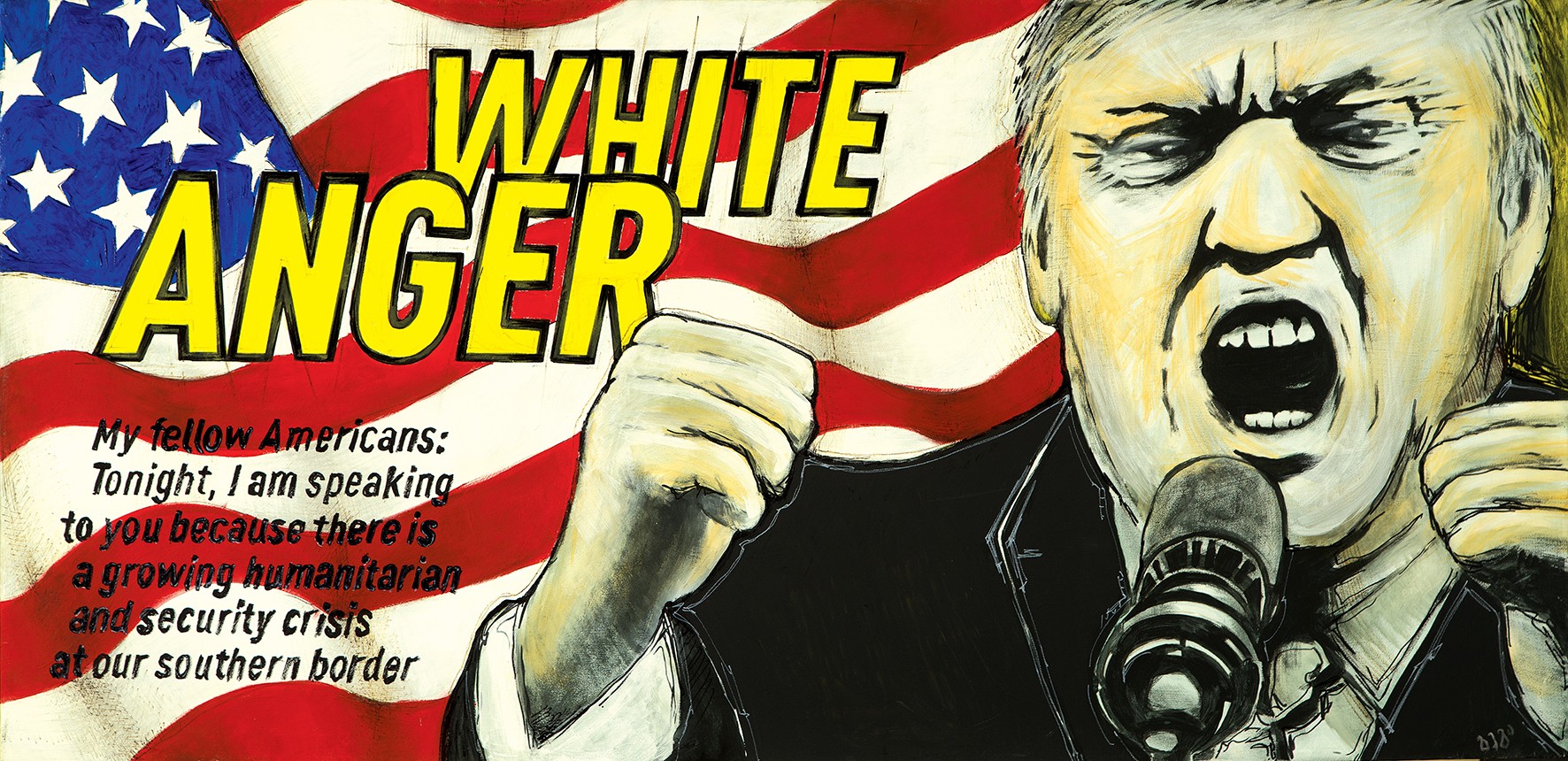 A graphic portrait of a shouting figure against an American flag background with bold yellow text.