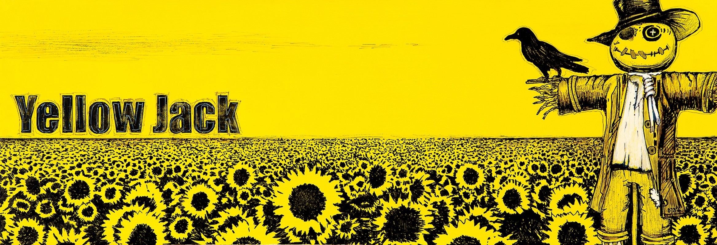 A scarecrow standing in a field of sunflowers with a crow on his shoulder.