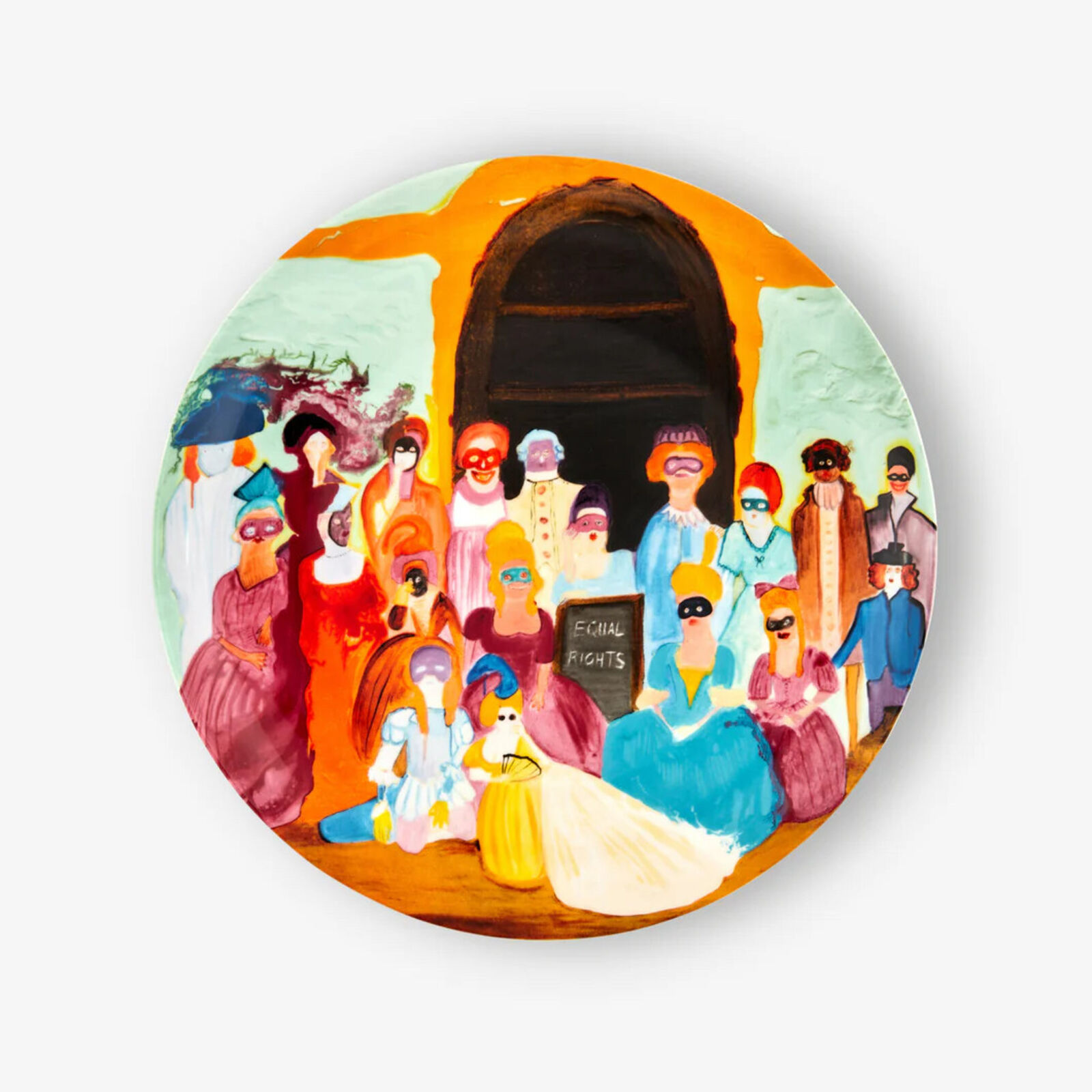 A painting of a group of people in front of a door.