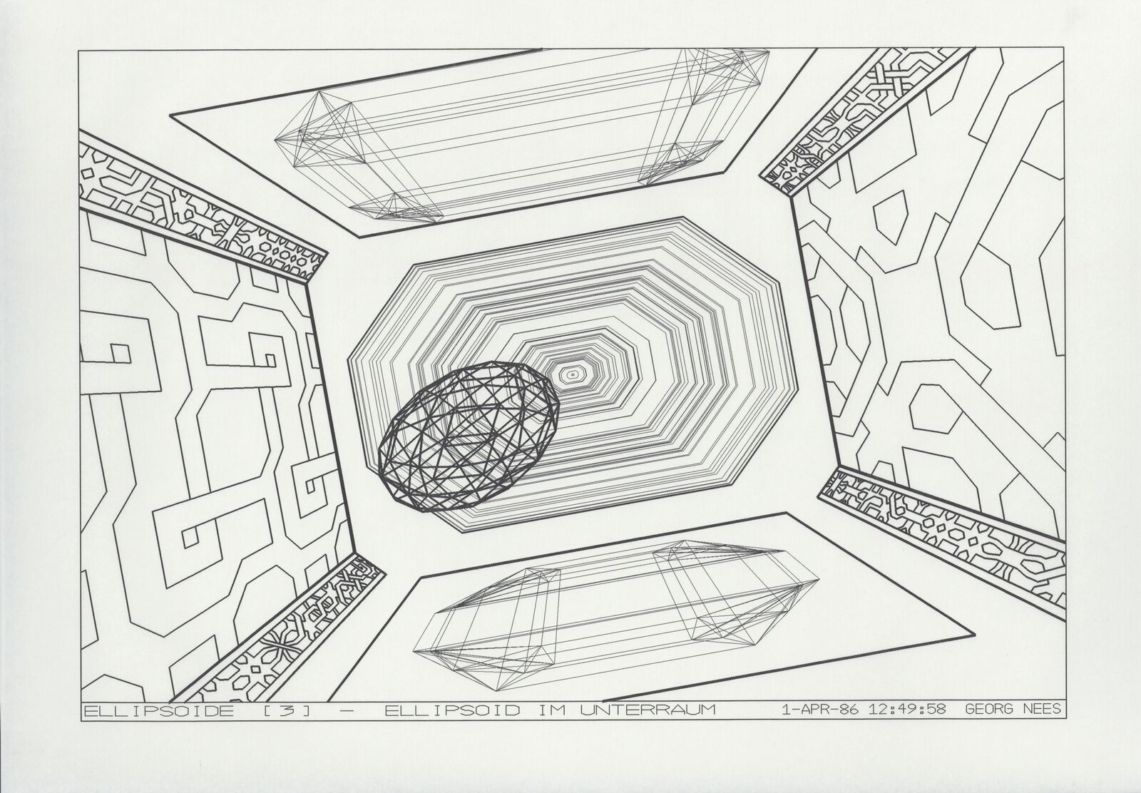 A black and white drawing of a room with geometric shapes.