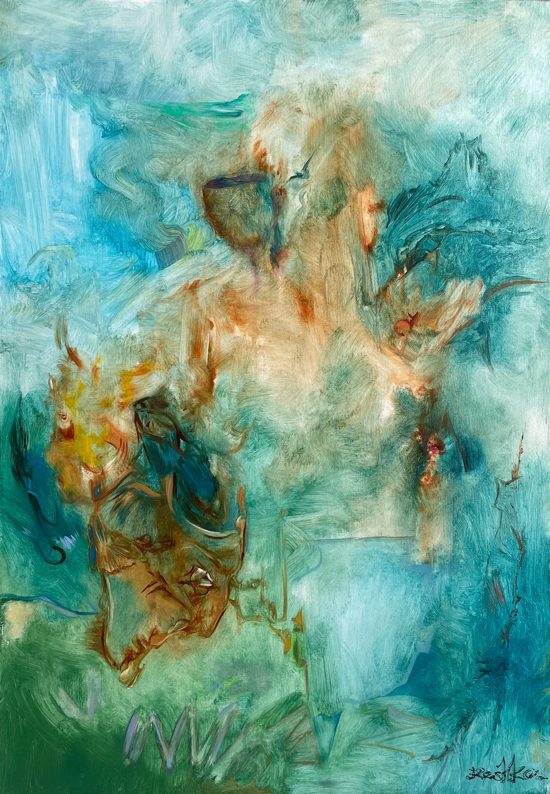 A painting of a man standing in front of a blue and green background.