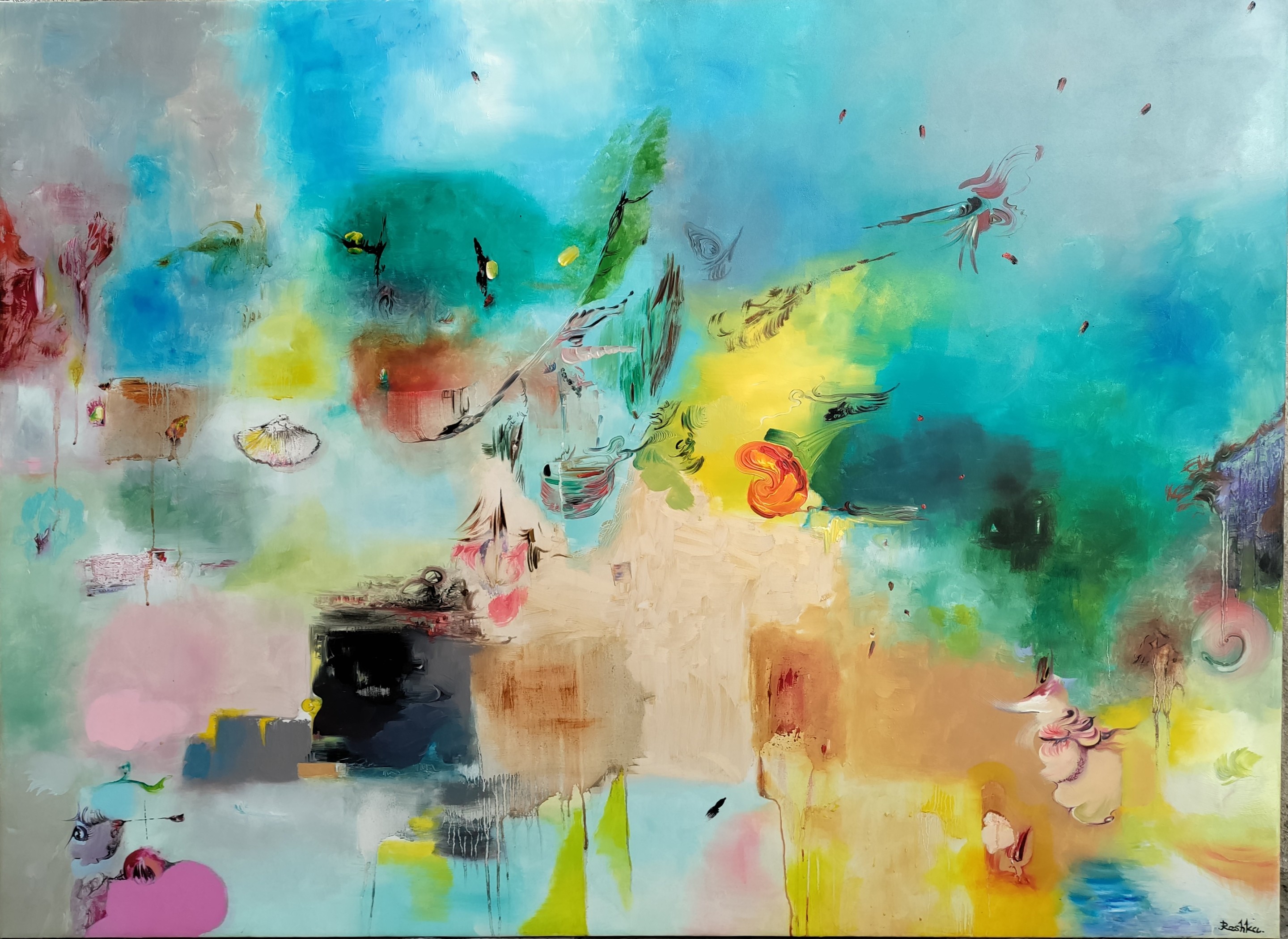 A painting of a colorful abstract painting on a wall.