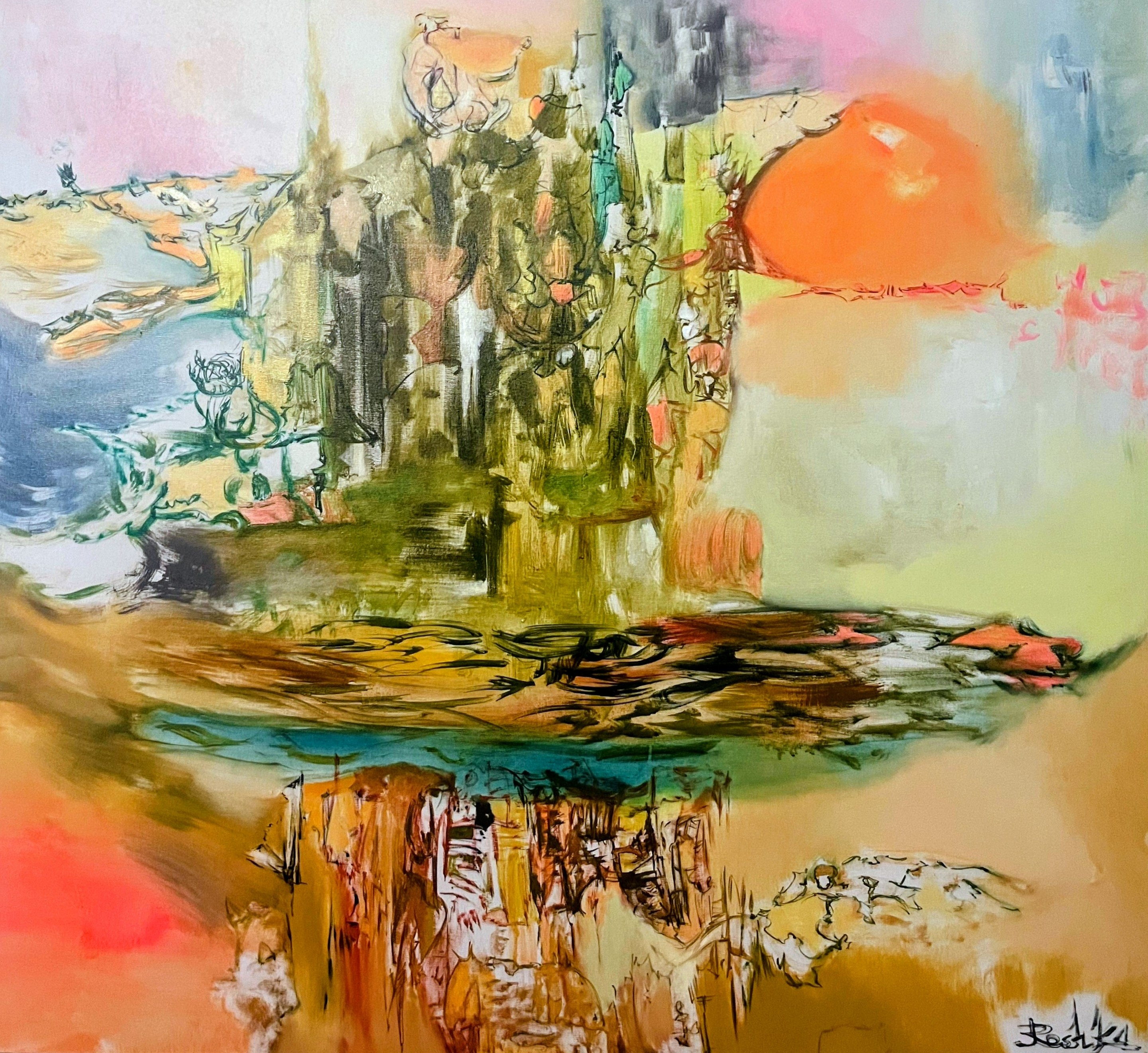 A vibrant abstract landscape featuring a central green structure, an orange sun, and water reflections.