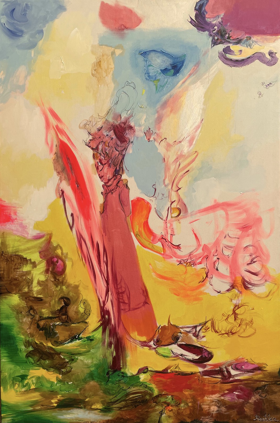 A painting of a woman standing in front of a tree.