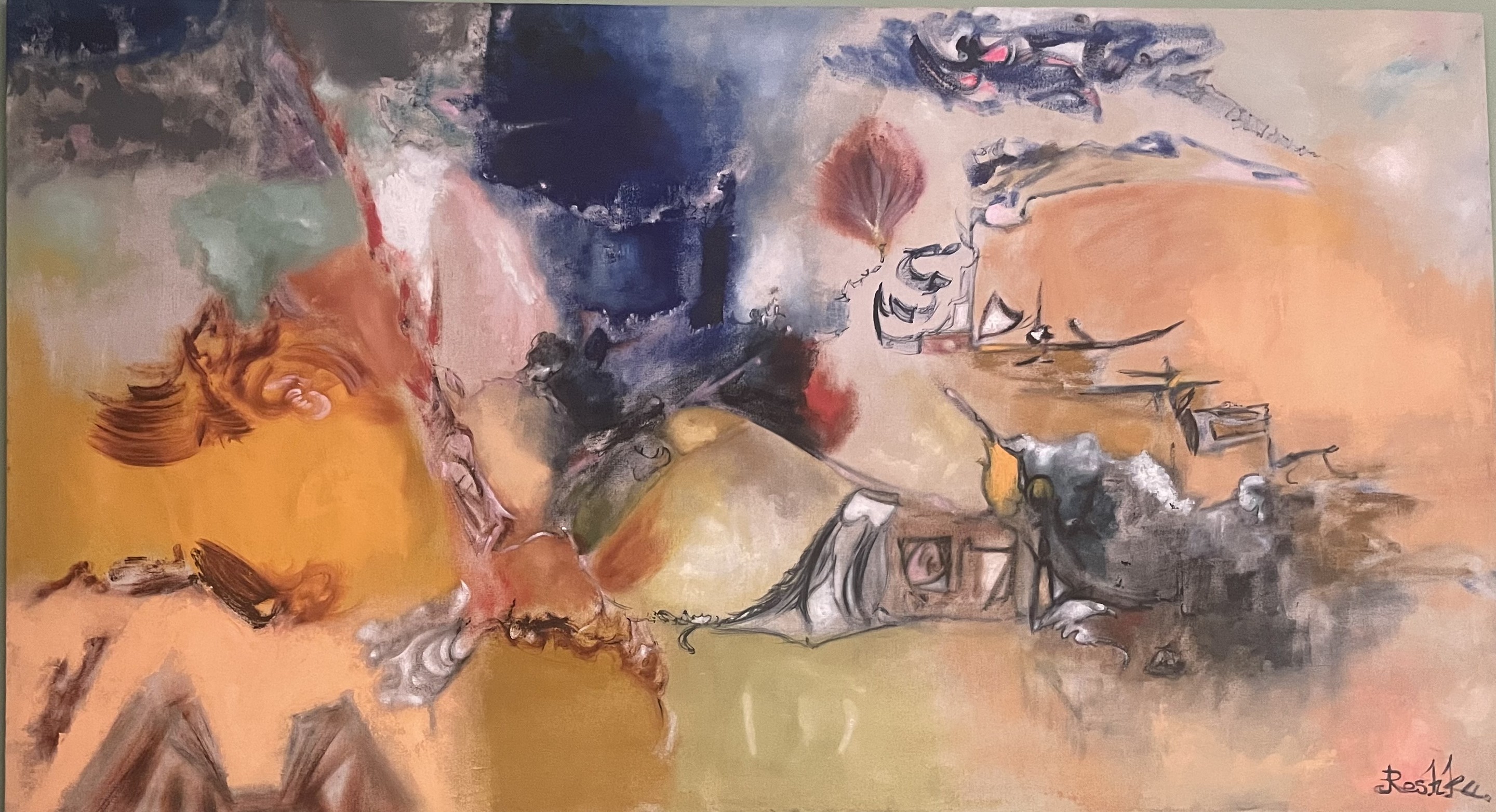 A chaotic abstract composition blending organic shapes and architectural fragments in warm ochre, deep blue, and grey tones.