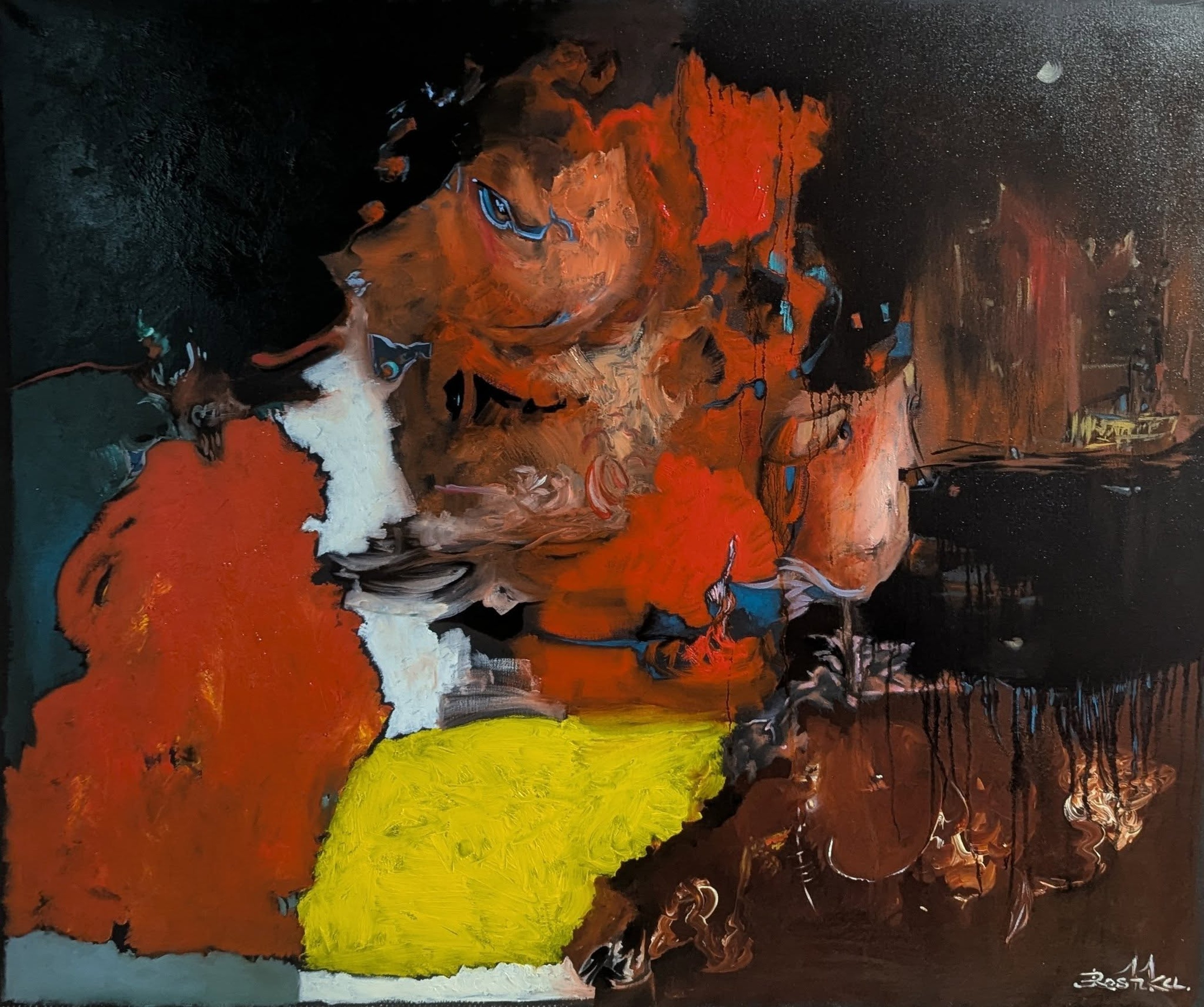 A painting of a woman's face on a black background.