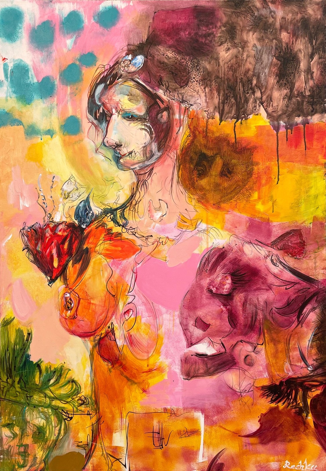 A painting of a woman with a flower in her hair.