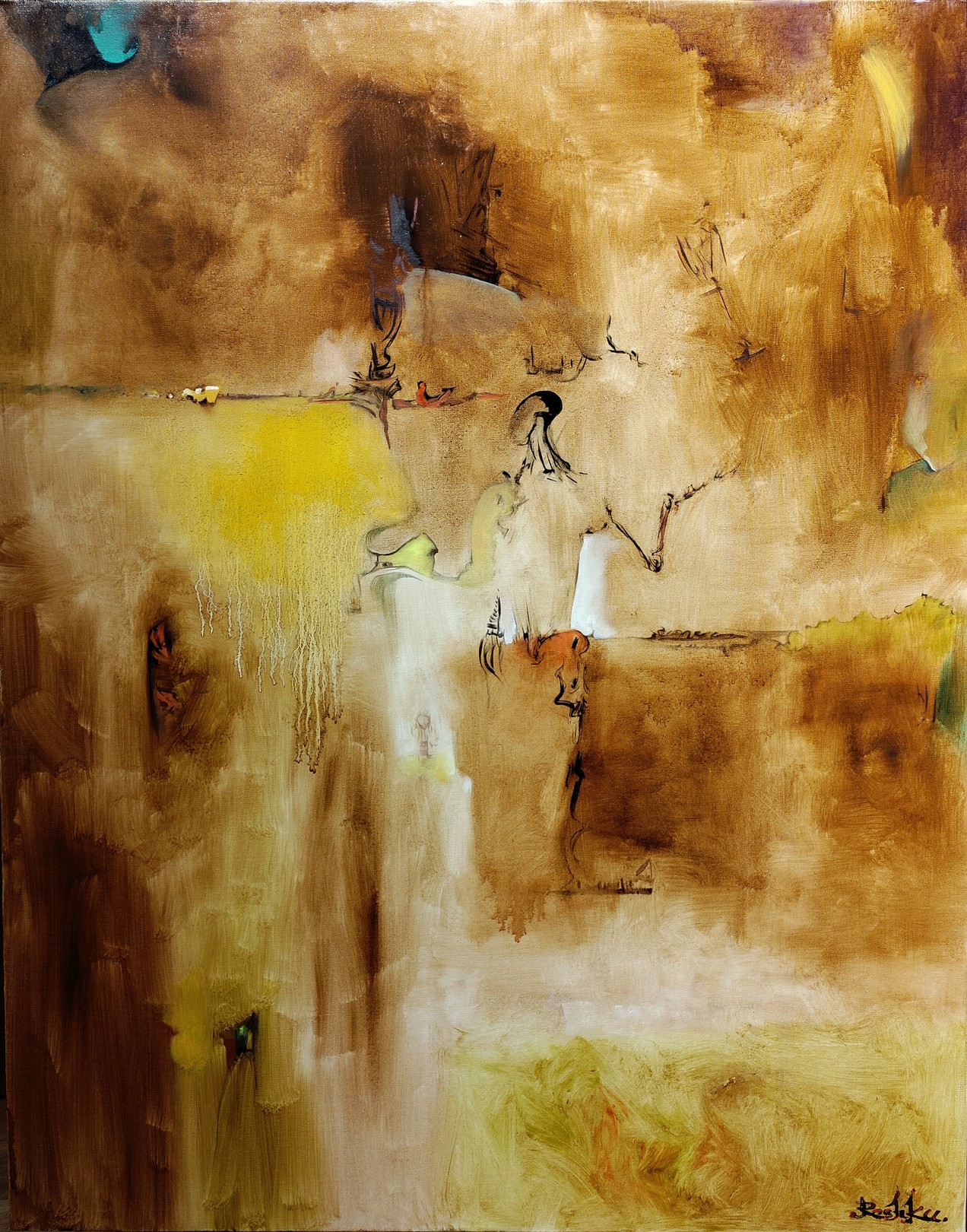 A painting of a woman standing in a field.