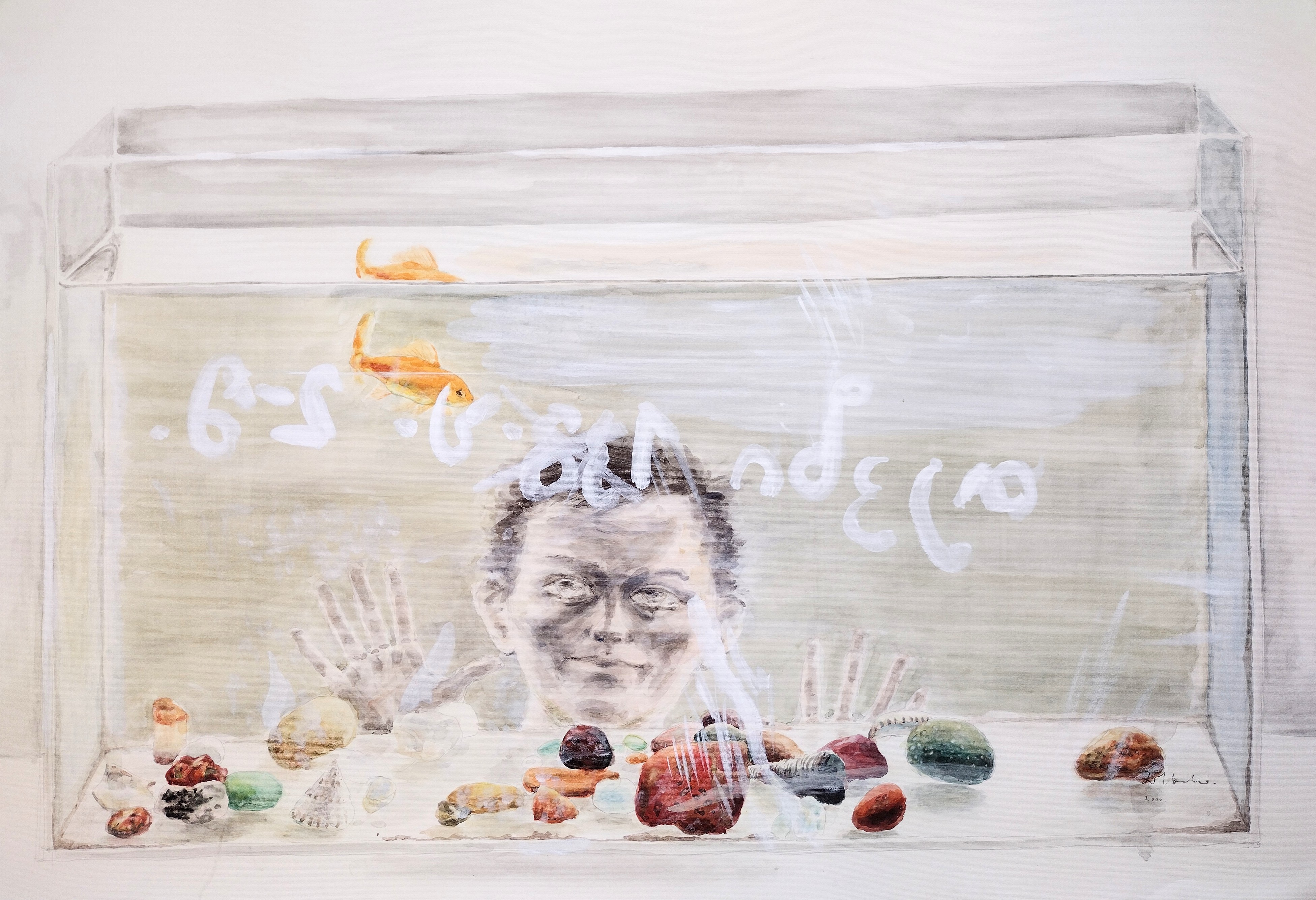 A surreal watercolor painting of a fish tank containing a human face, rocks, and two goldfish.
