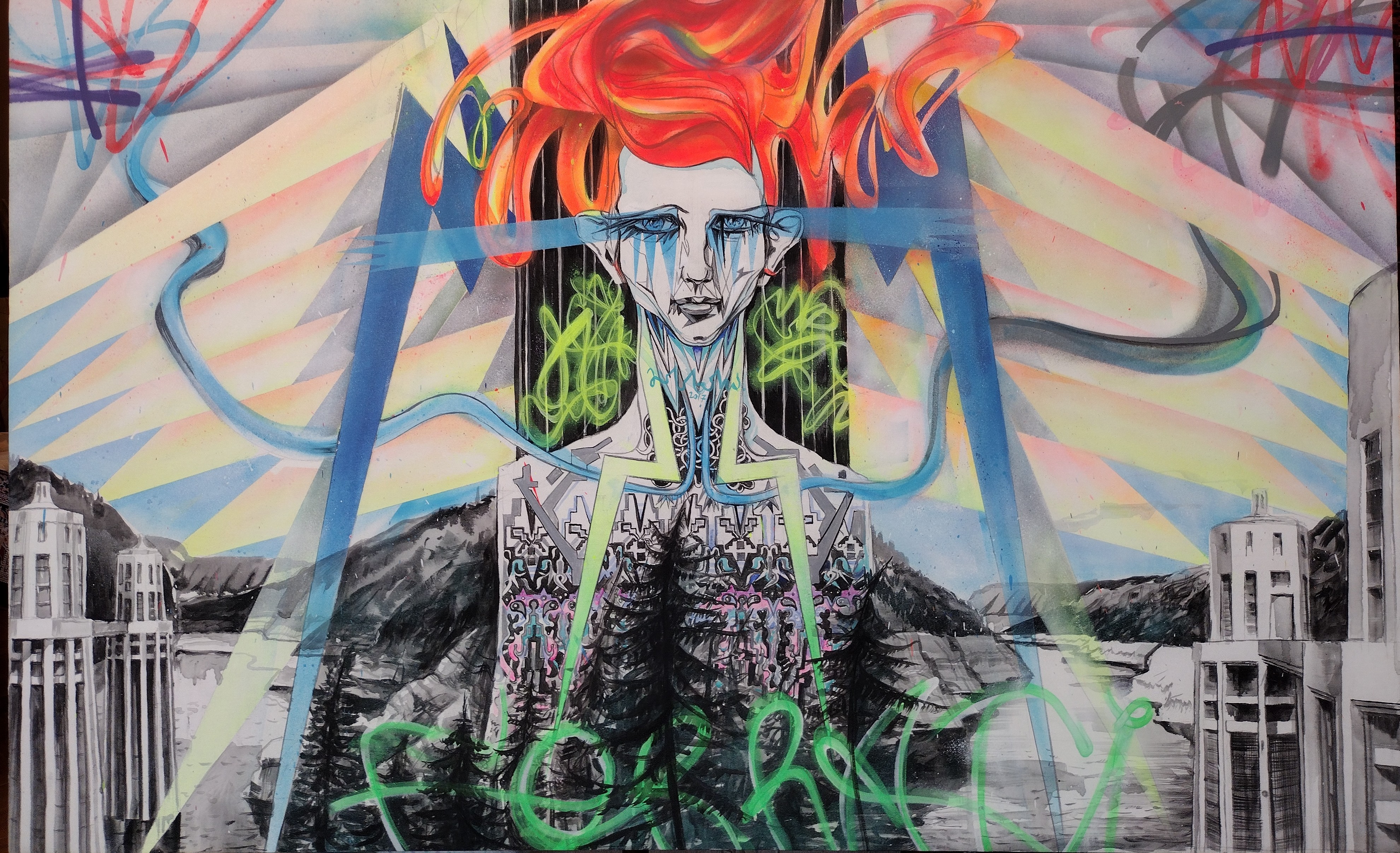 A painting of a woman with red hair on a wall.