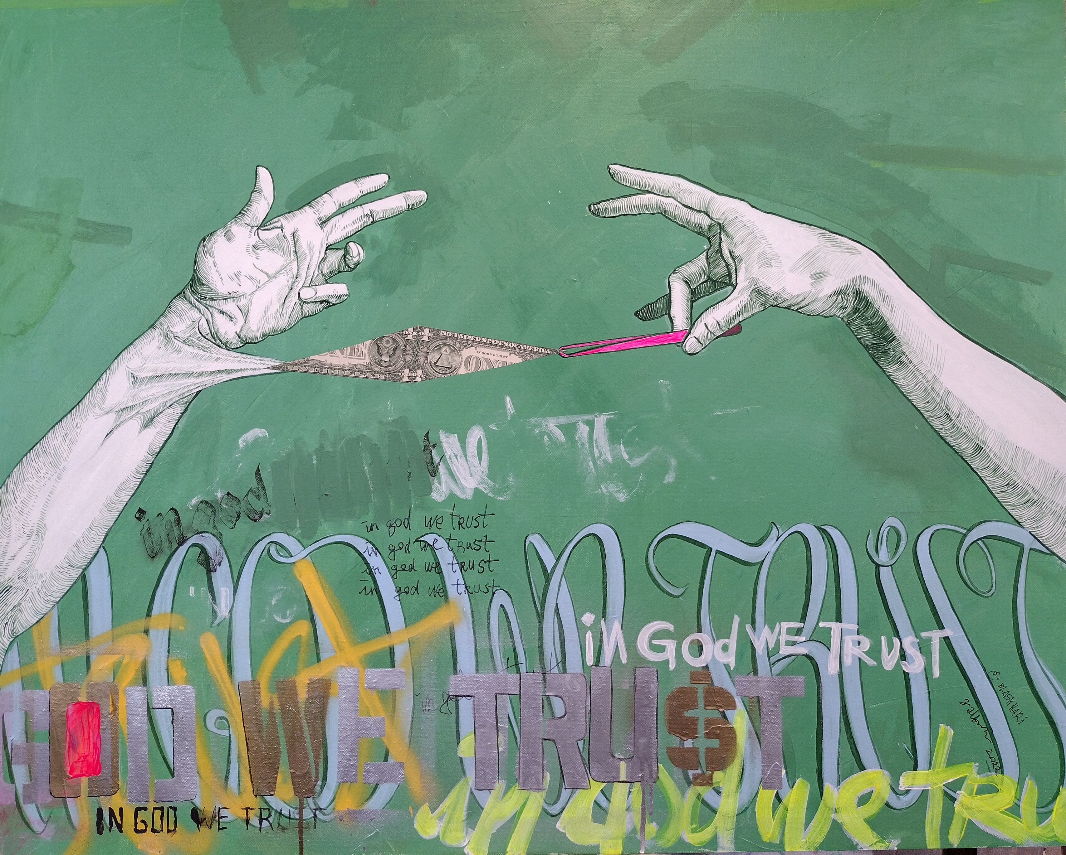 A painting of two hands reaching for a piece of paper with graffiti on it.