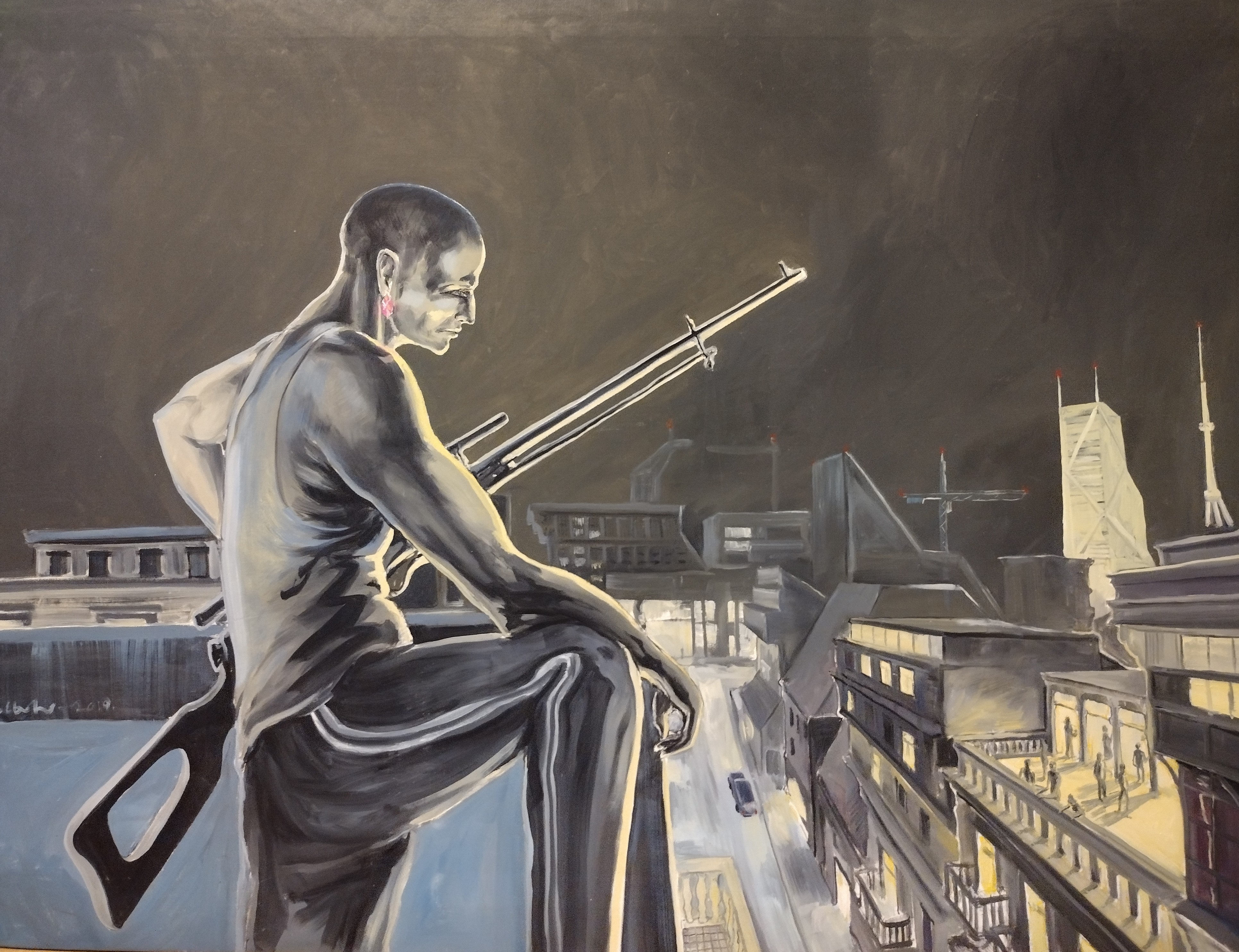 A painting of a man sitting on top of a building with a gun.