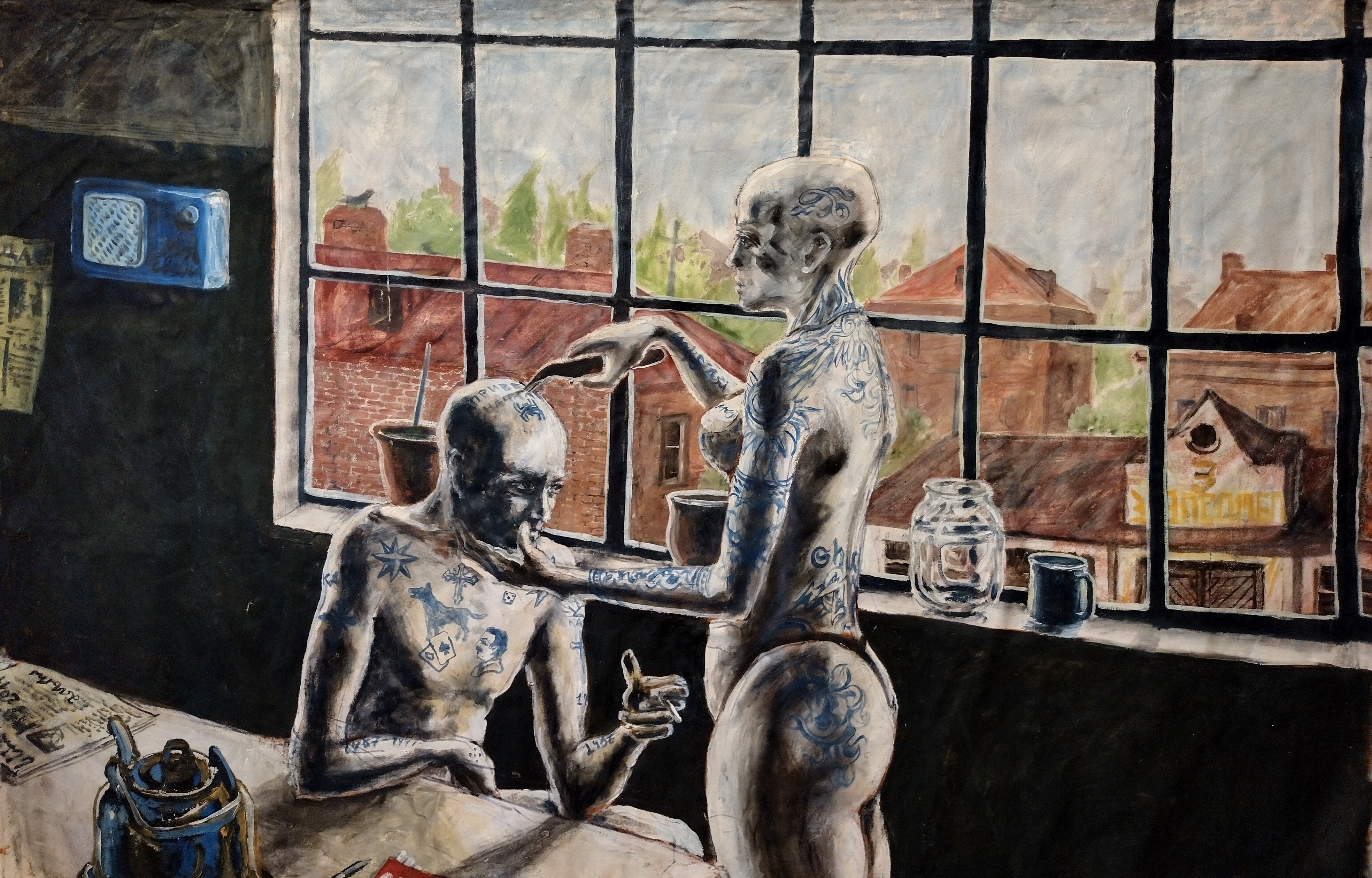 A painting of a man and a woman sitting at a table.