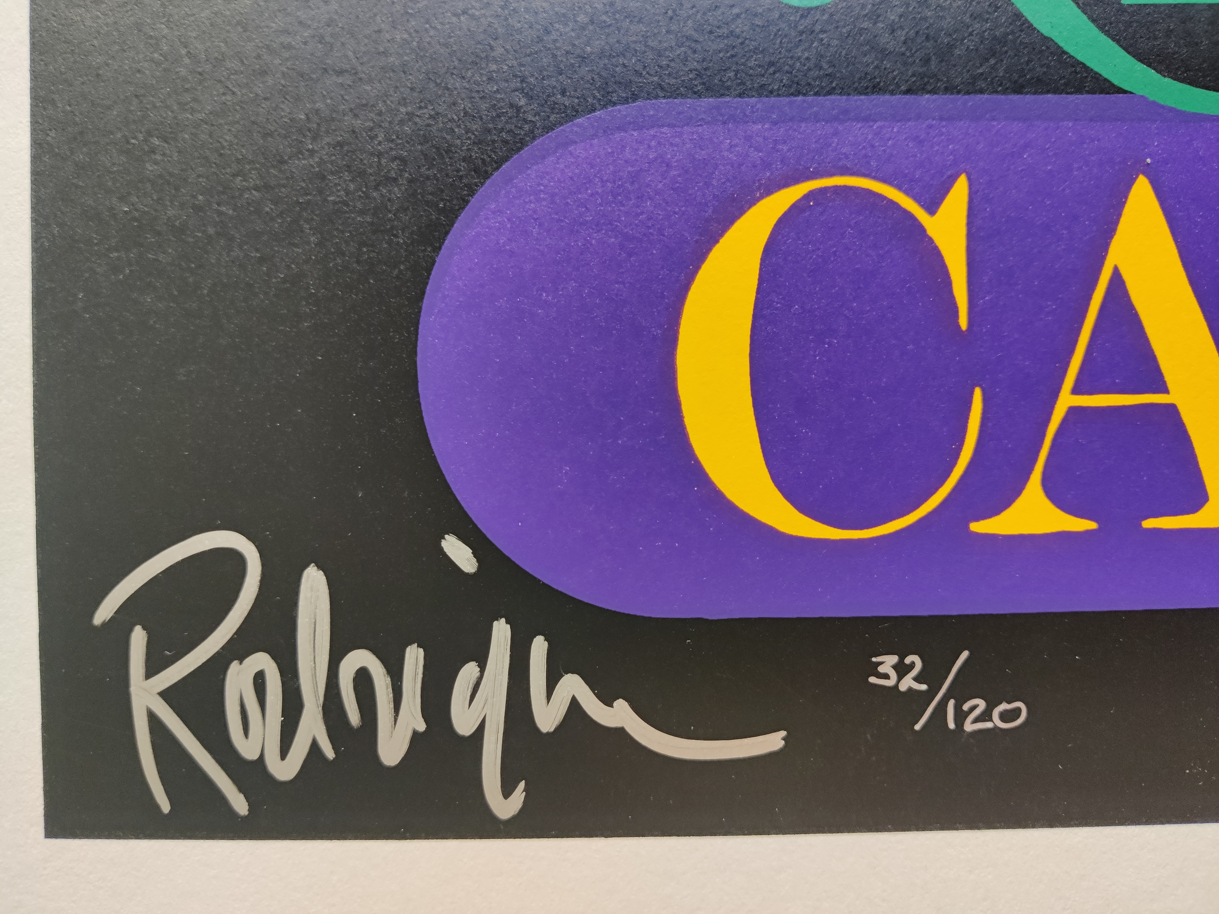 A poster of a blue dog wearing a colorful mask.