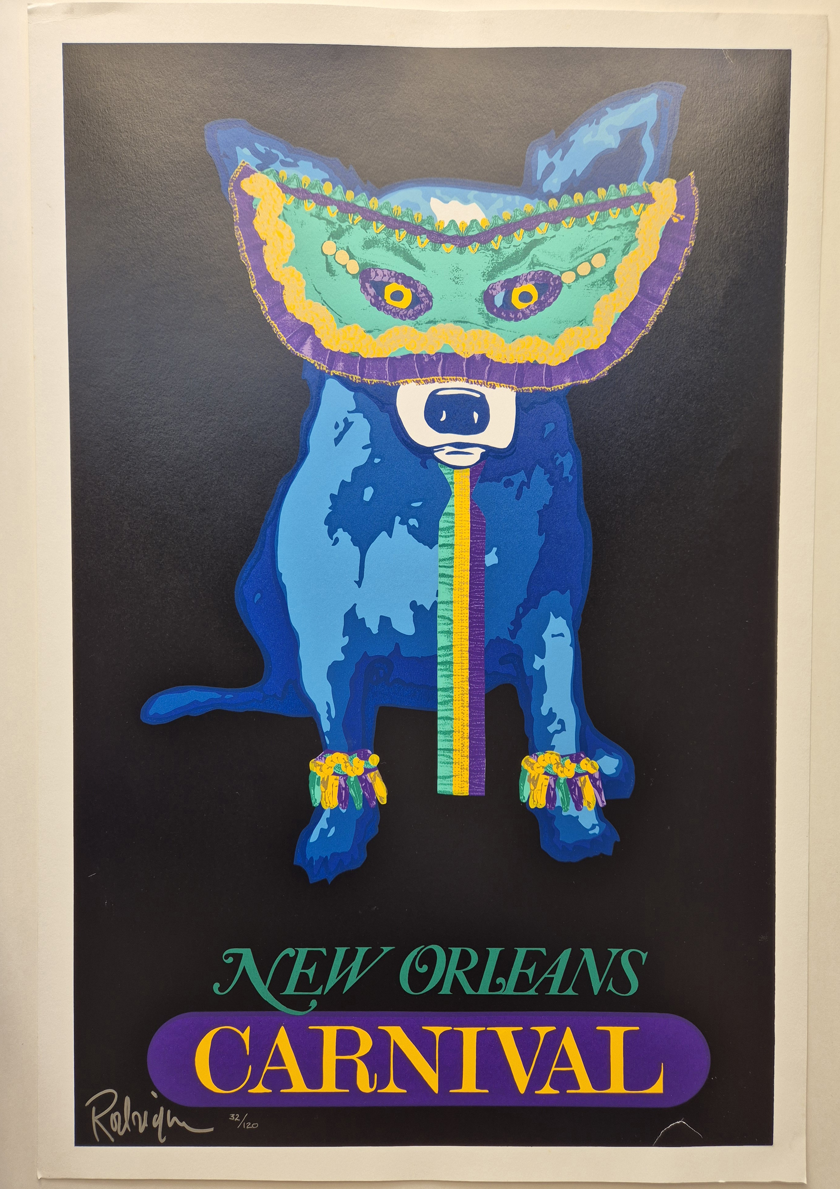A poster of a blue dog wearing a colorful mask.