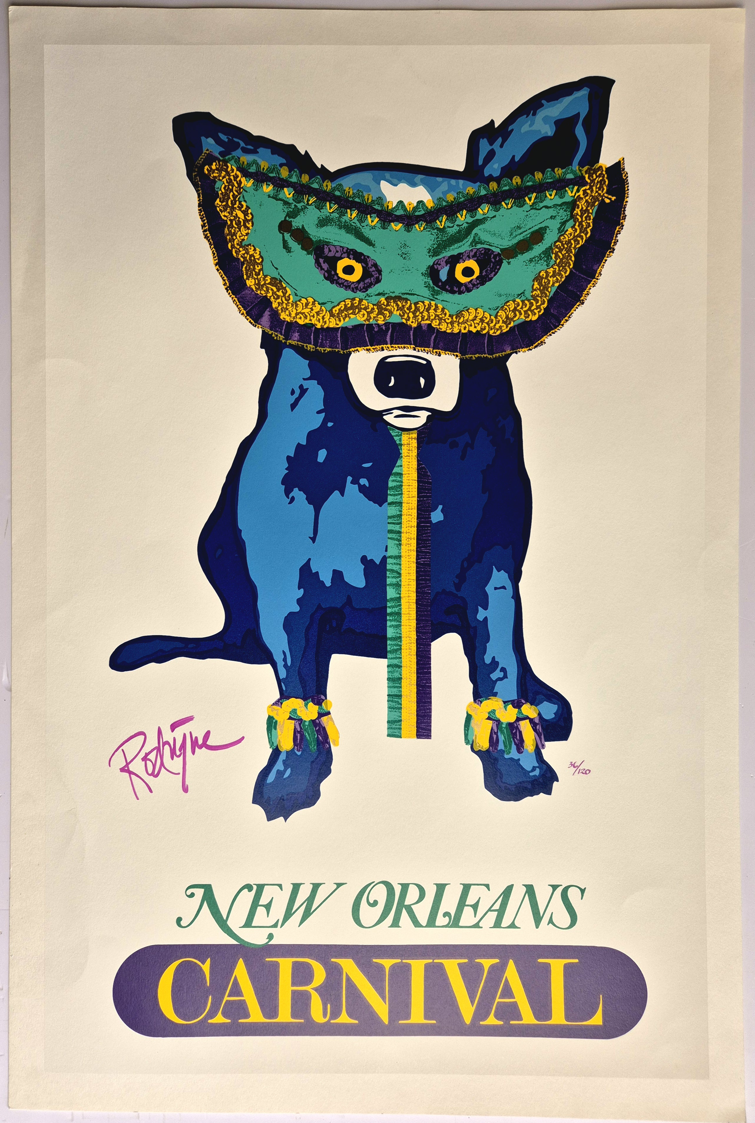 A poster of a dog wearing a carnival mask.
