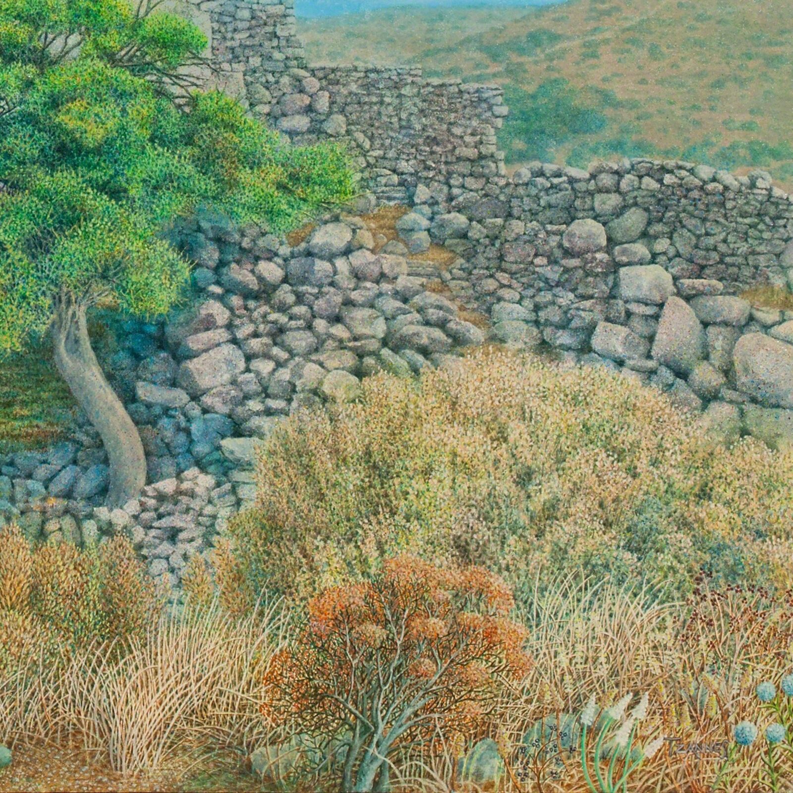 Artwork by George Tzannes, Ancient Ruins at Paliochora With Tree, Made of Oil on Canvas 