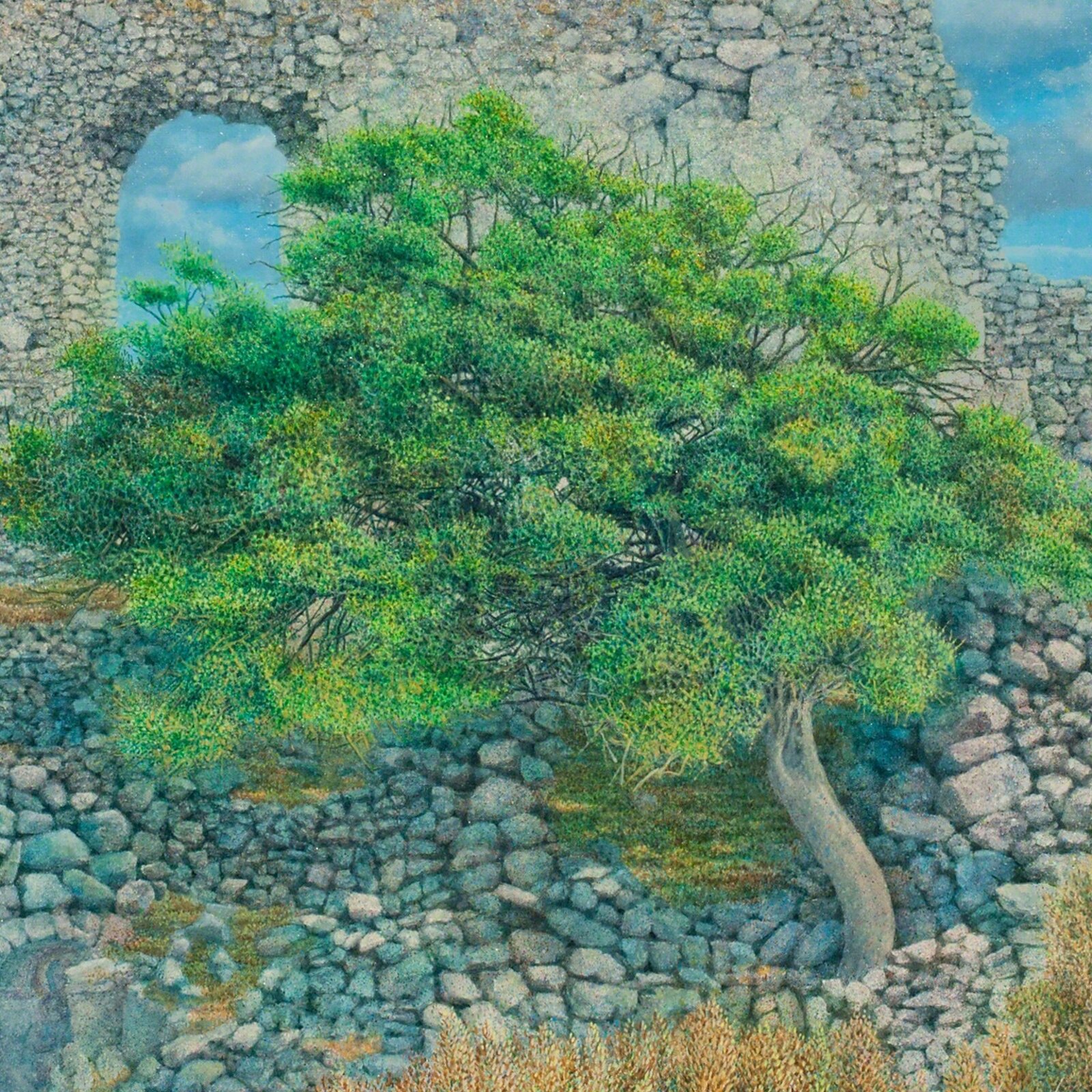 Artwork by George Tzannes, Ancient Ruins at Paliochora With Tree, Made of Oil on Canvas 