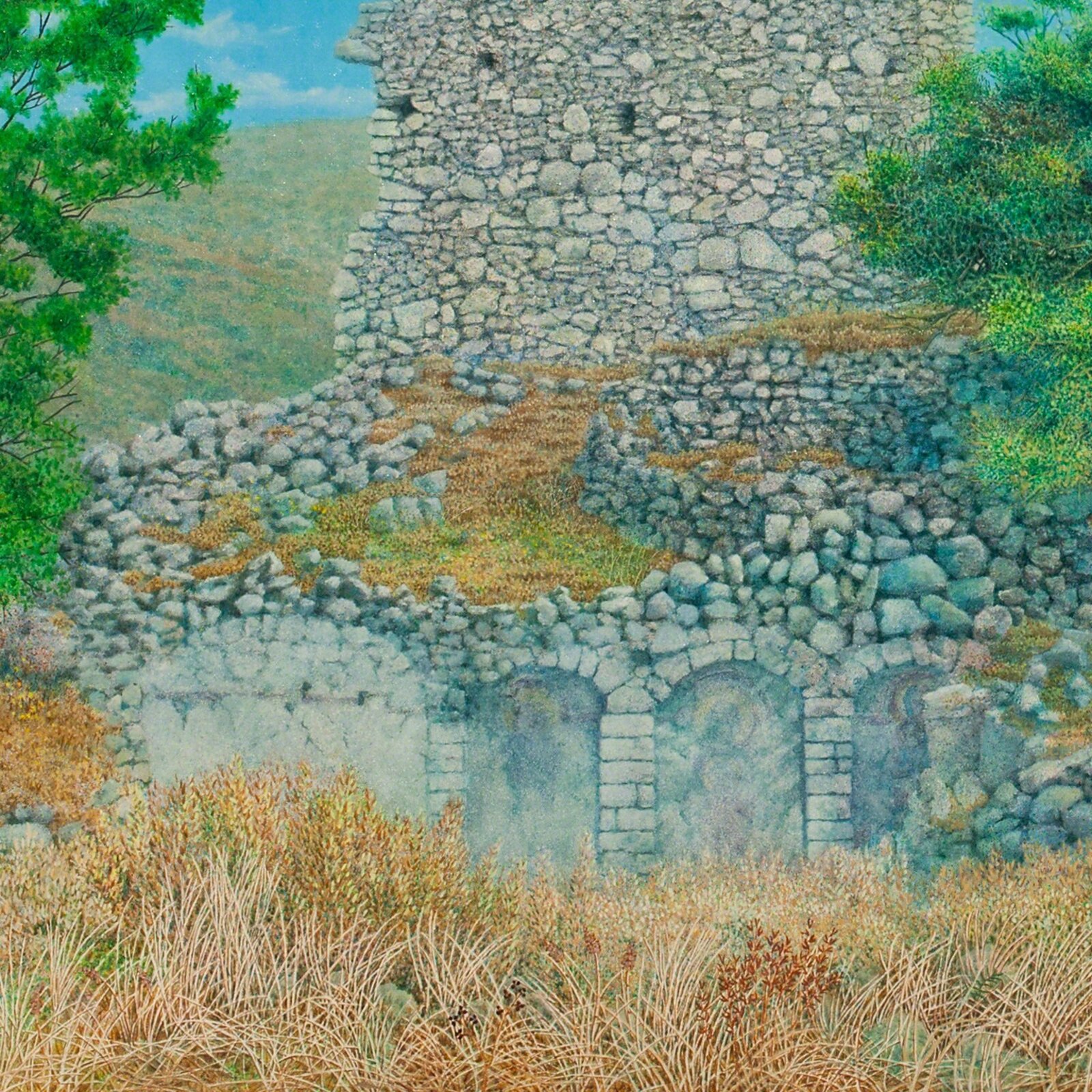 Artwork by George Tzannes, Ancient Ruins at Paliochora With Tree, Made of Oil on Canvas 