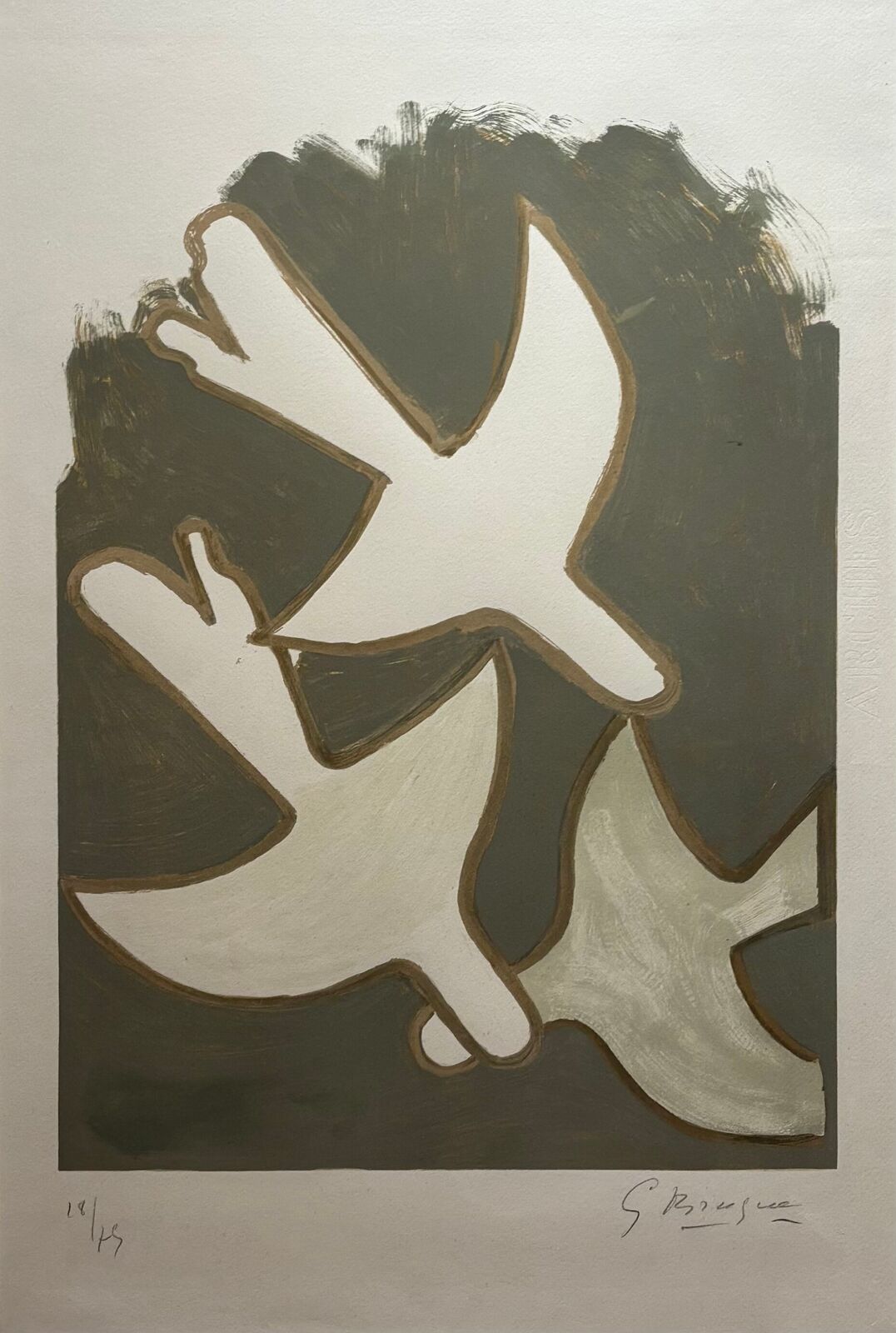 A painting of two white doves flying in the air.