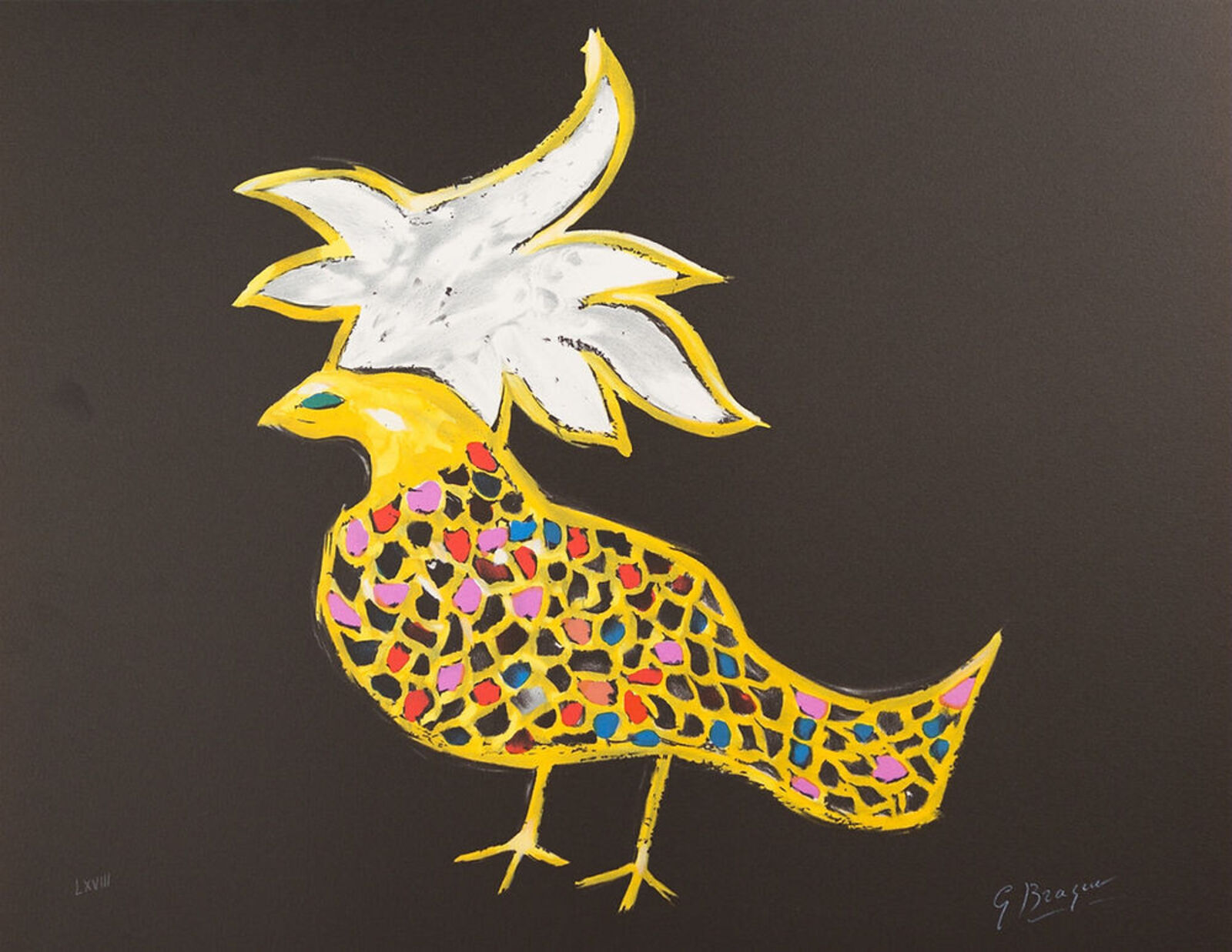 A painting of a yellow bird with a white feather on its head.