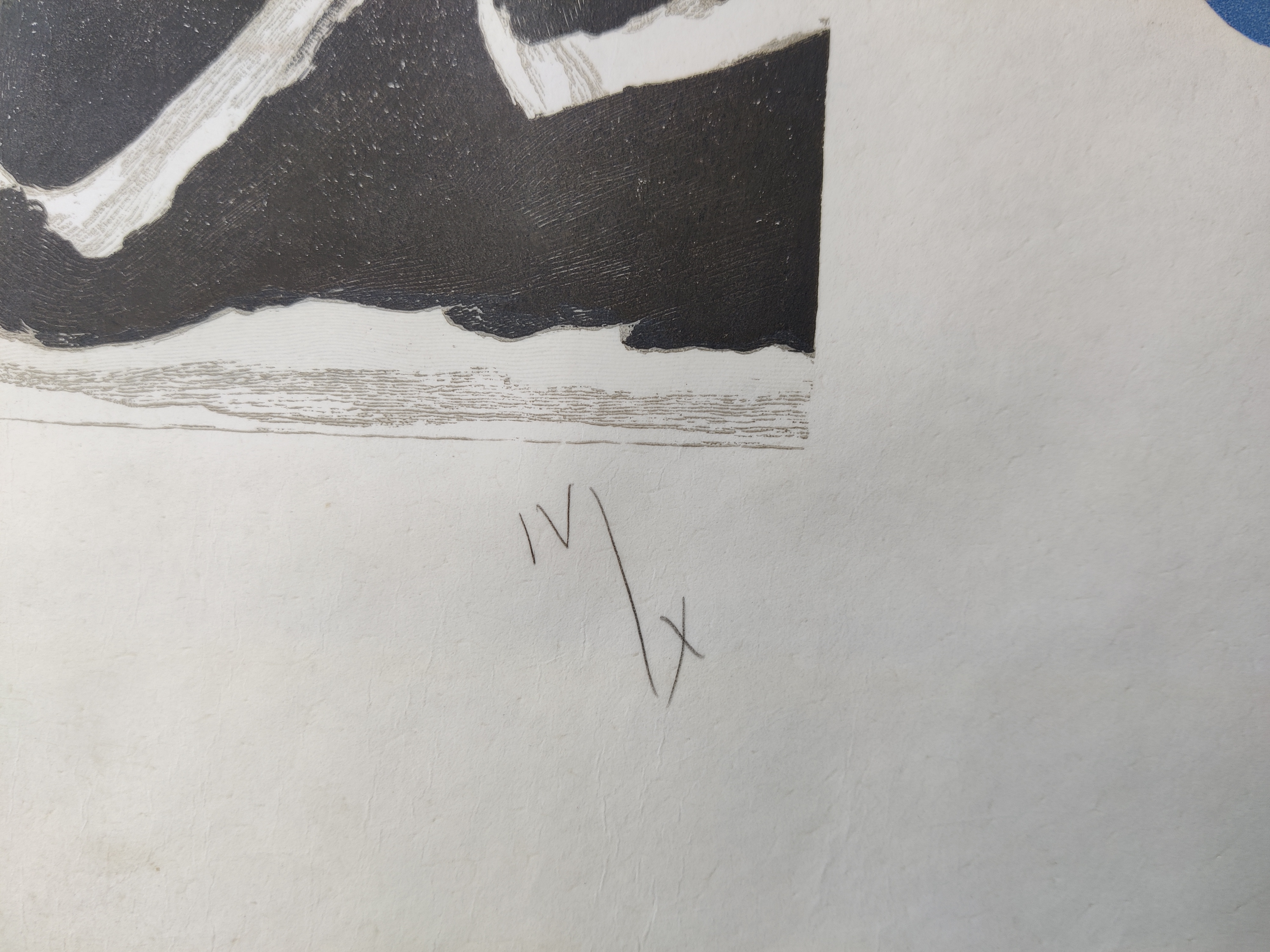 A blue and black print on a piece of paper.