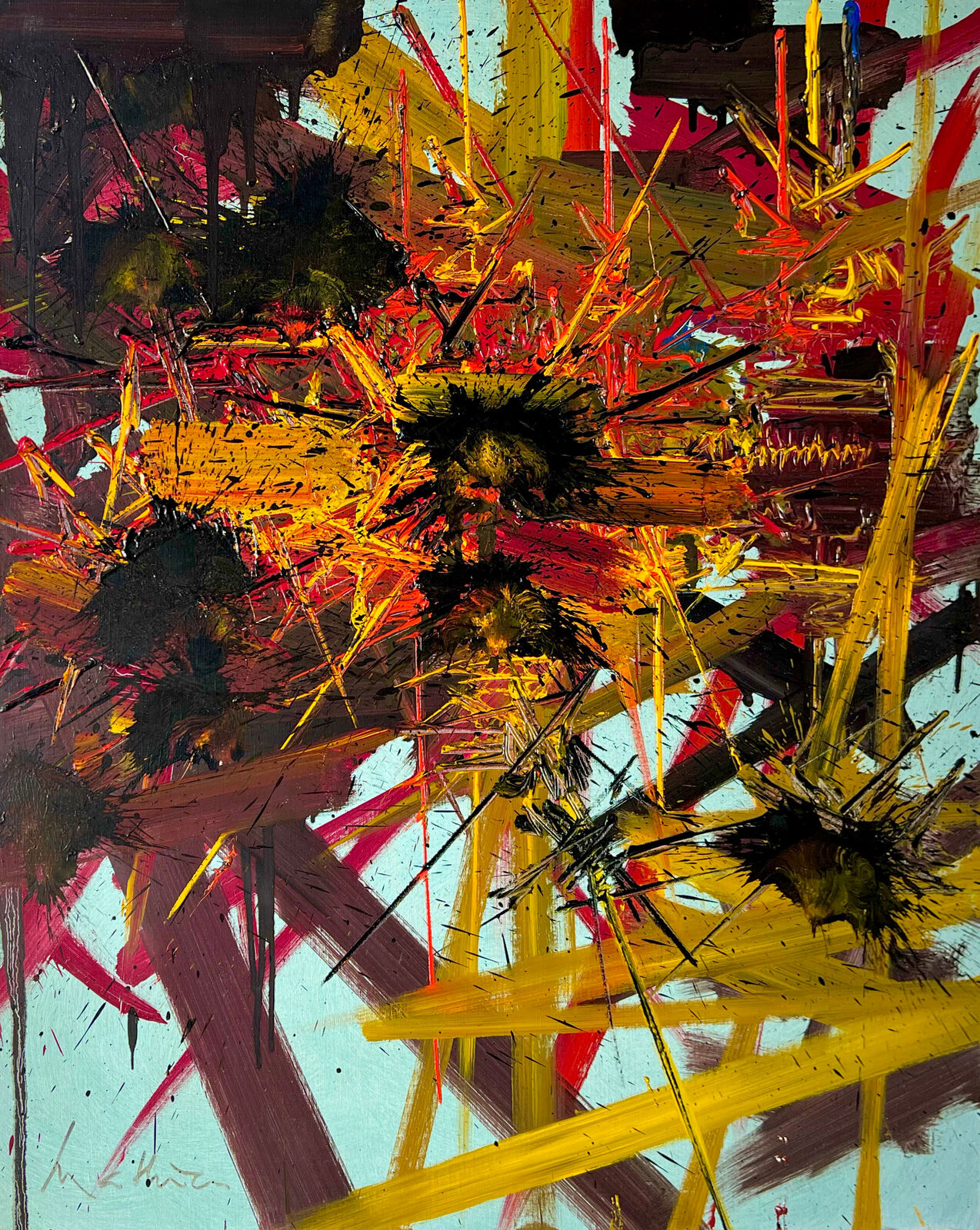 A painting with lots of paint splatters on it. 