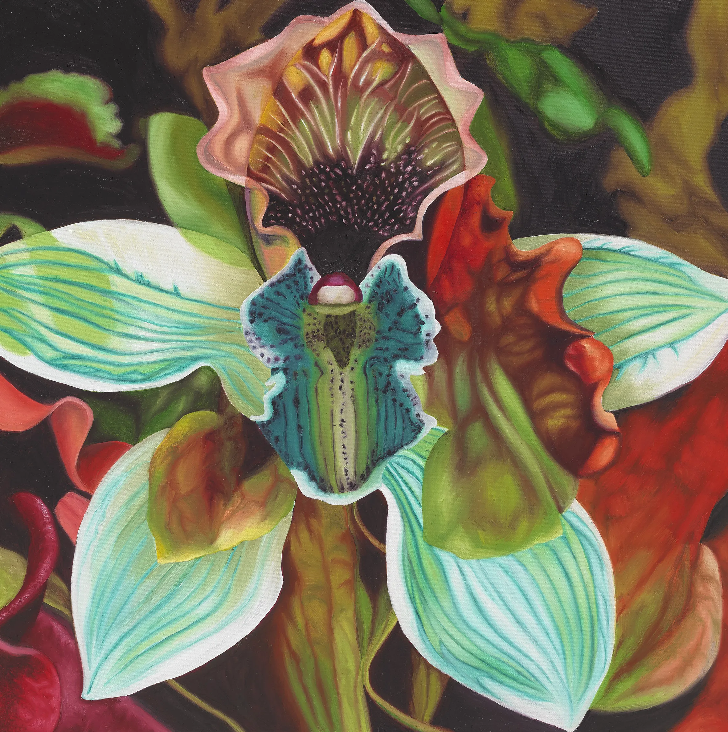 A painting of a flower on a black background.