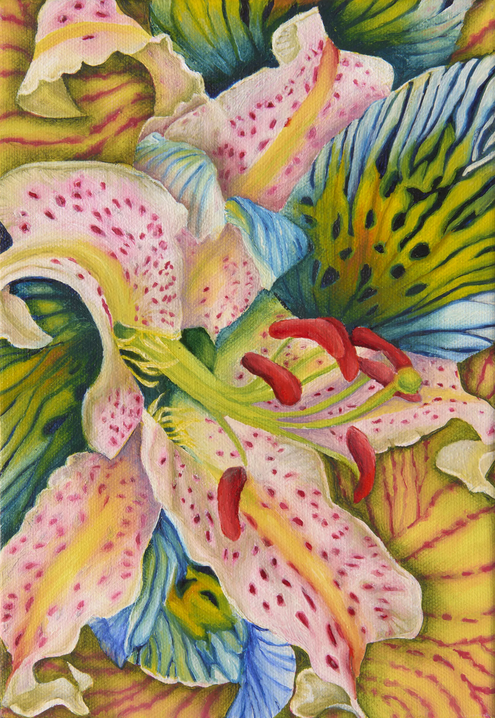 A painting of a bunch of flowers on a yellow background.