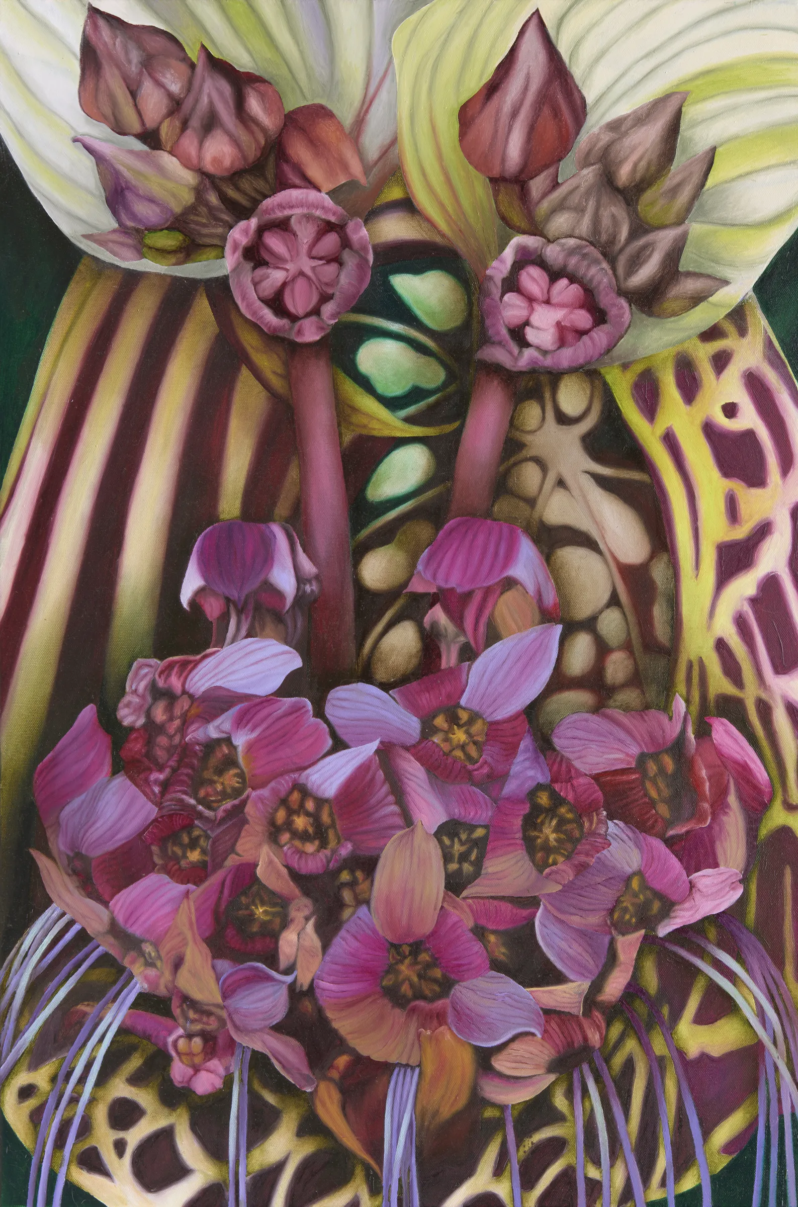 A surreal floral portrait blending organic textures with vibrant colors.